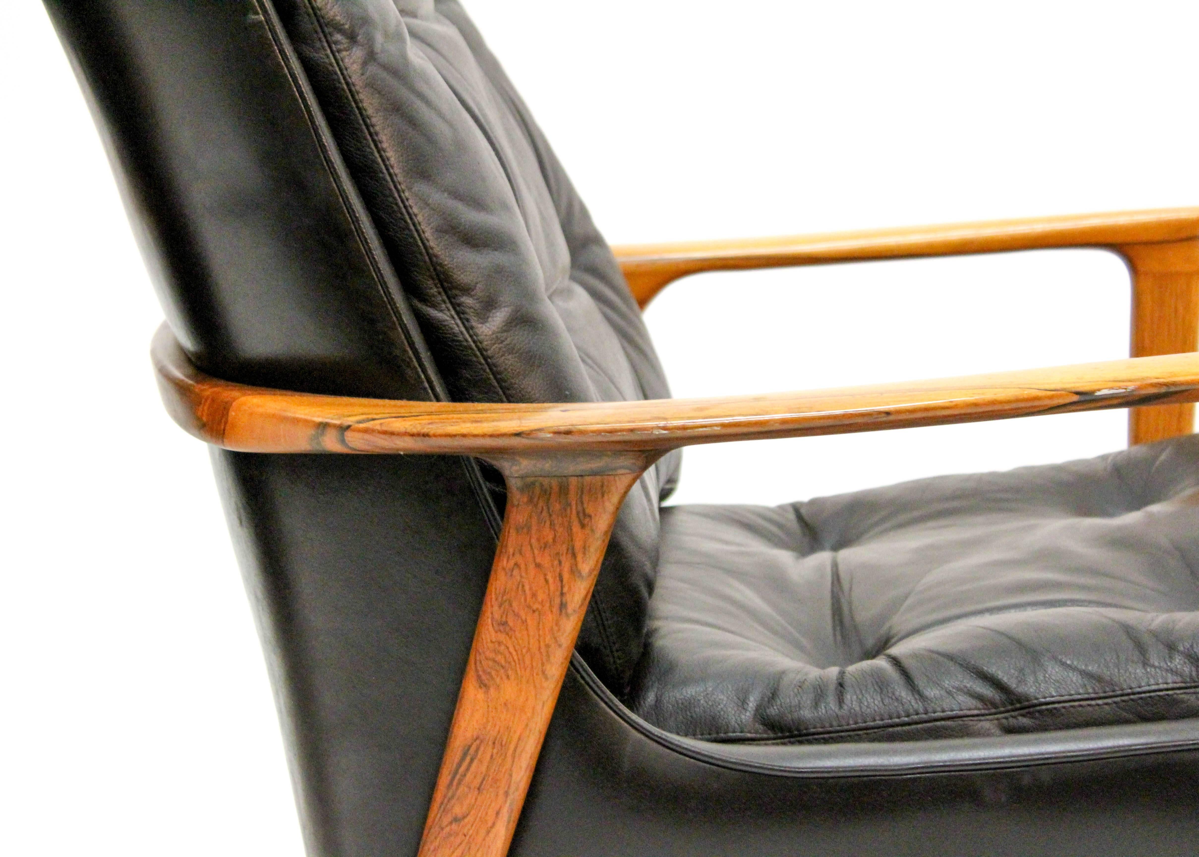 Swedish Midcentury Black Leather and Rosewood Lounge Chairs by Bröderna Andersson