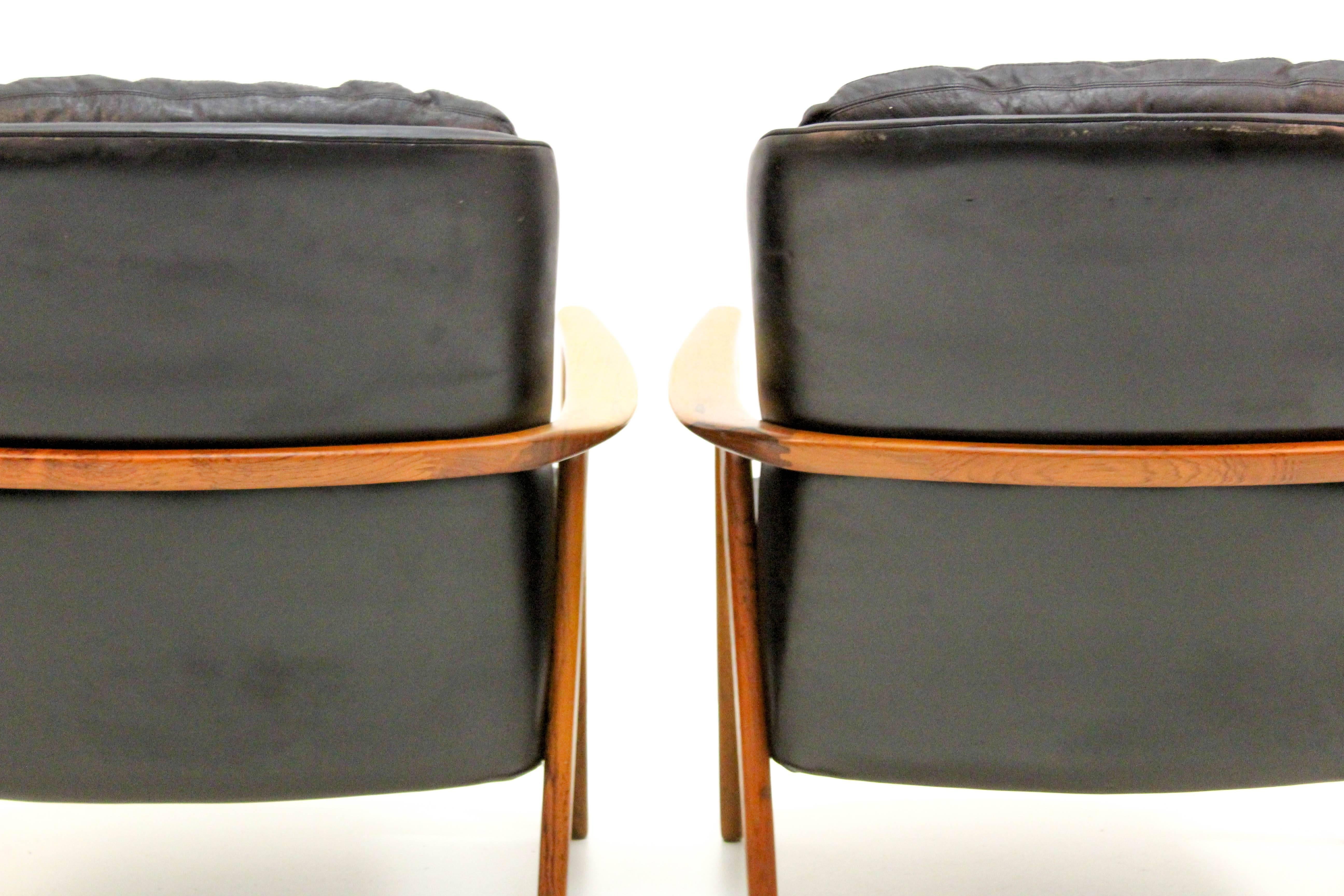 Midcentury Black Leather and Rosewood Lounge Chairs by Bröderna Andersson 1