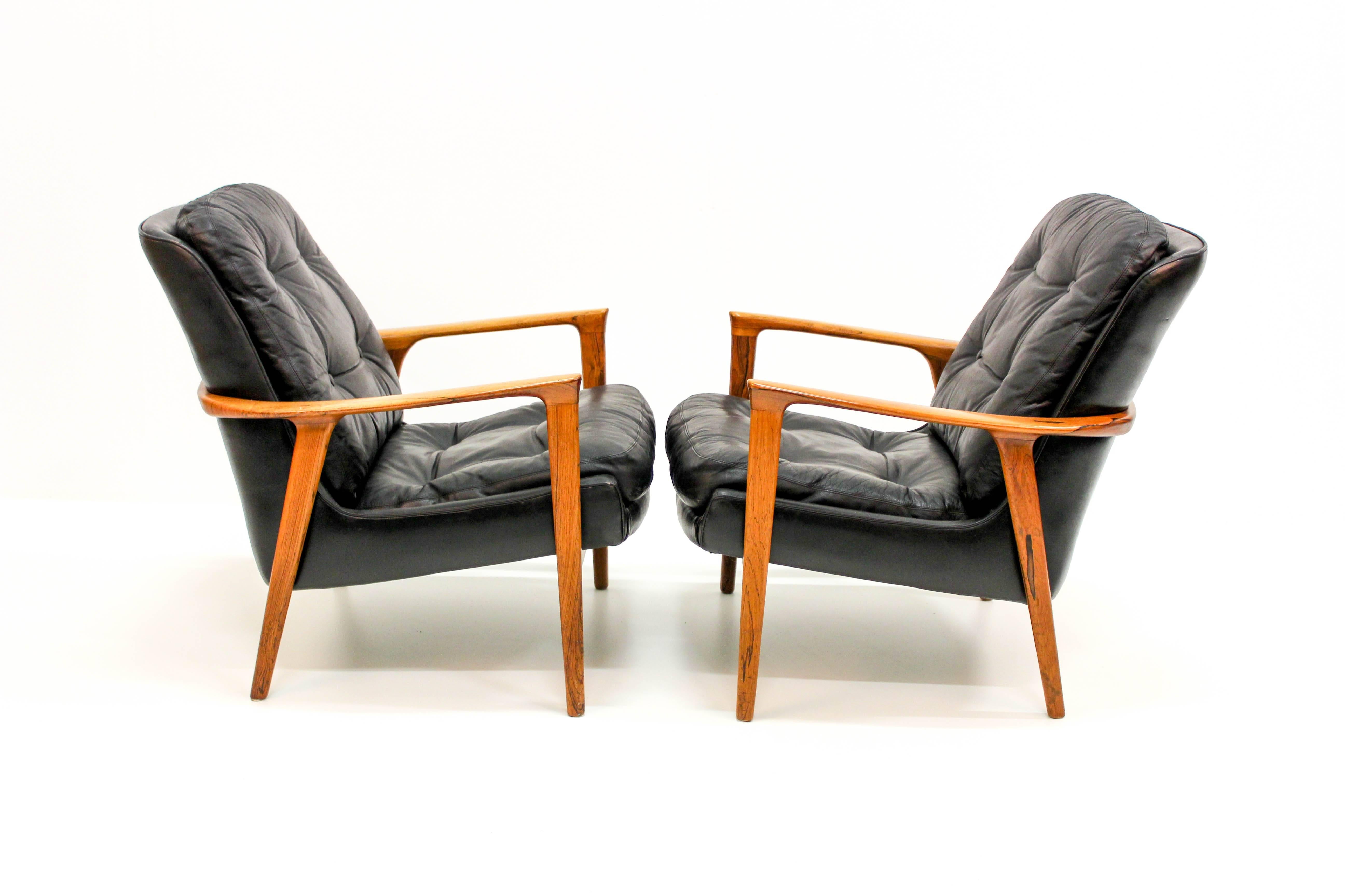 Midcentury Black Leather and Rosewood Lounge Chairs by Bröderna Andersson 3