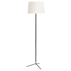 Midcentury Black Leather and Brass Floor Lamp