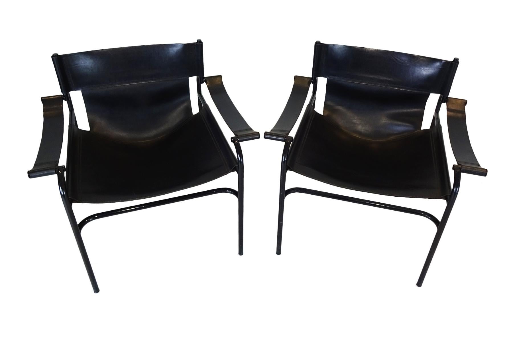 A pair of very rare black chrome and leather late midcentury vintage lounge chairs by Walter Antonis for ‘t Spectrum.

Designer Walter Antonis (1943) made his name in industrial design and then moved into furniture design in the 1960s most notably