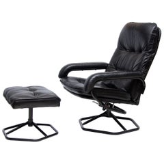 Midcentury Black Leather Reclining Armchair and Ottoman