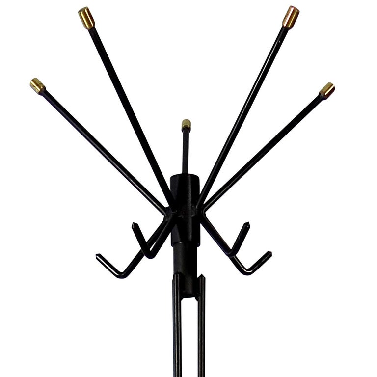 Midcentury Black Metal and Brass Sputnik Style Coat Stand For Sale at