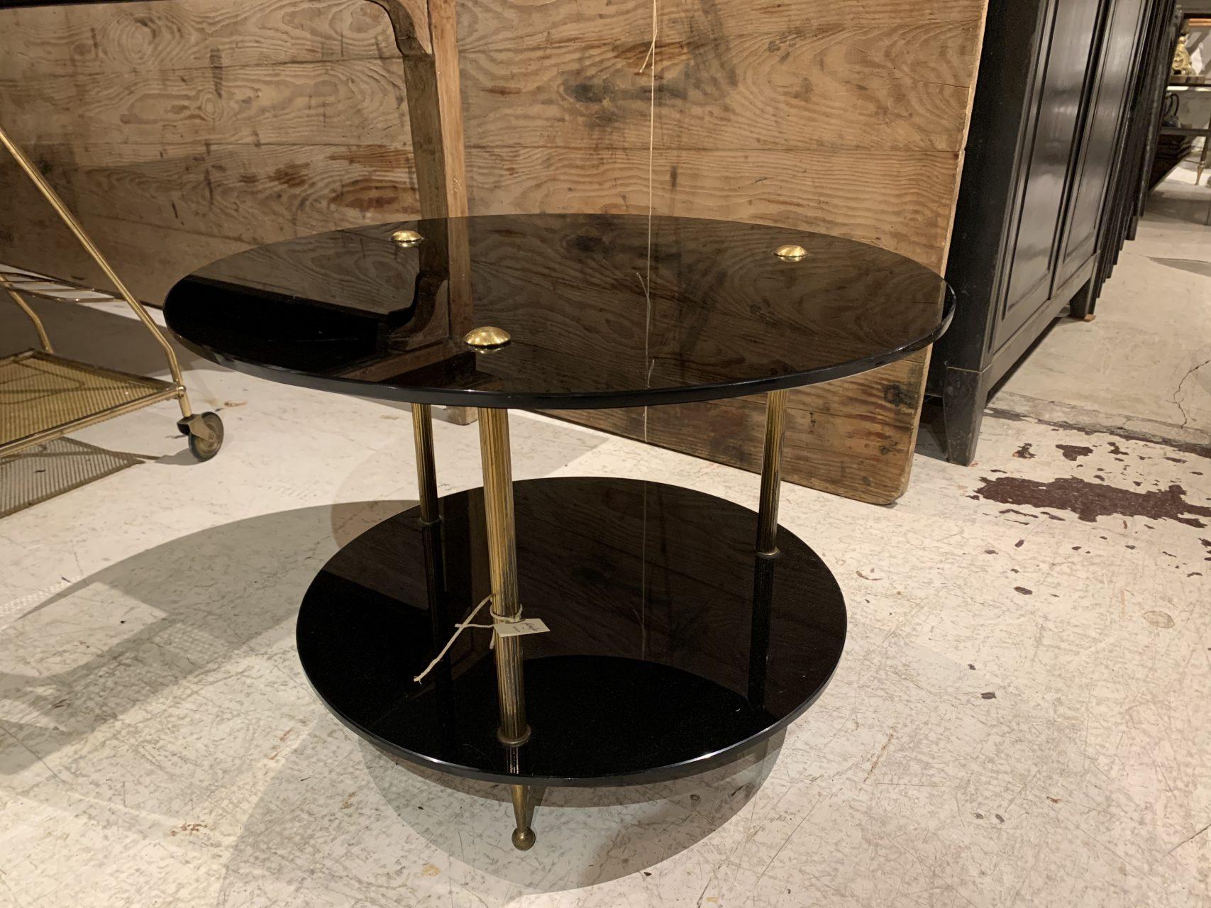 French Midcentury Black Opaque Glass and Brass Coffee Table, France