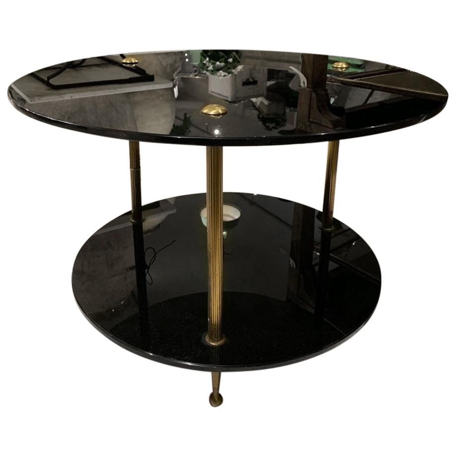 Midcentury Black Opaque Glass and Brass Coffee Table, France
