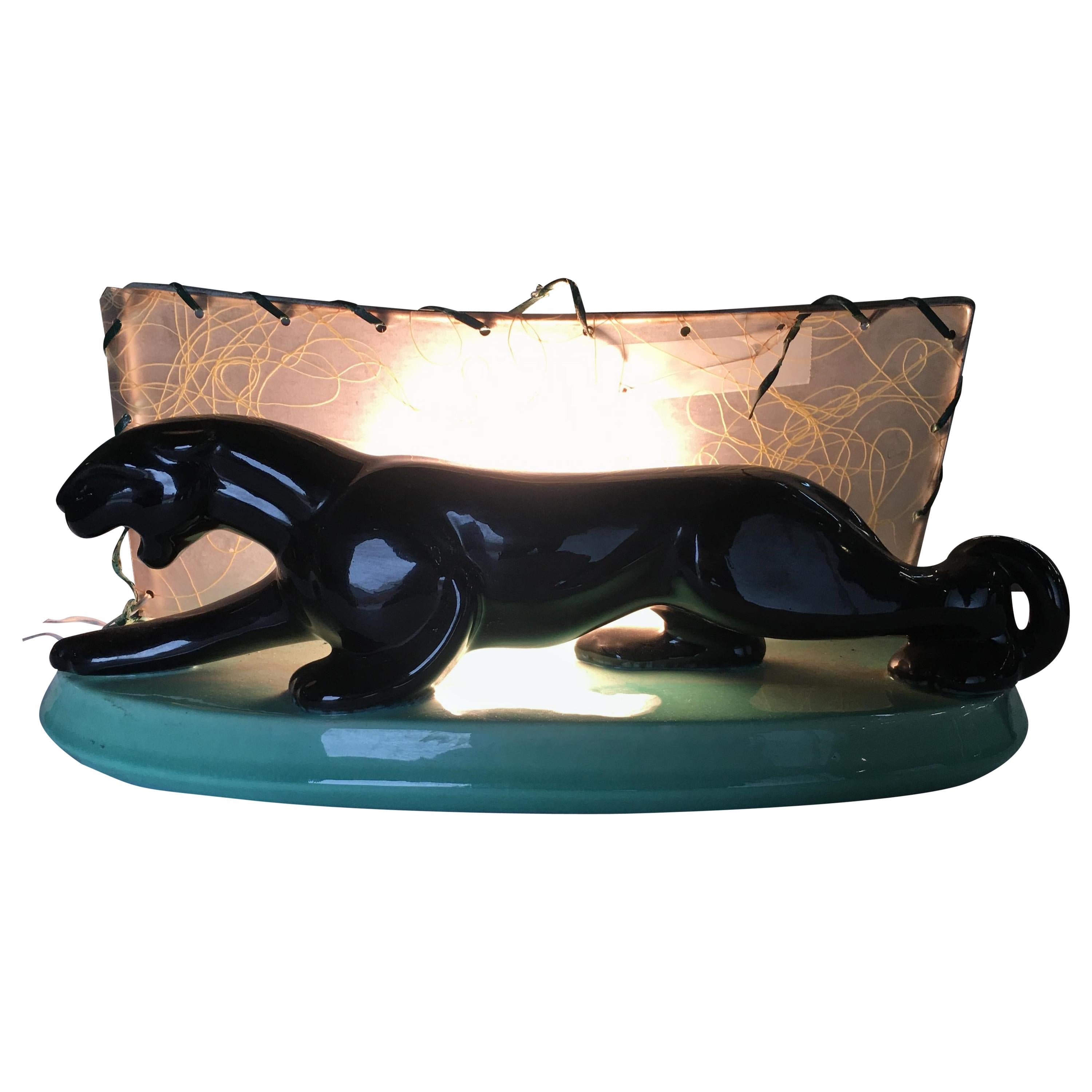 Midcentury Black Panther Ceramic Statue Lamp w/ Whipple Stitch Fiberglass Shade For Sale