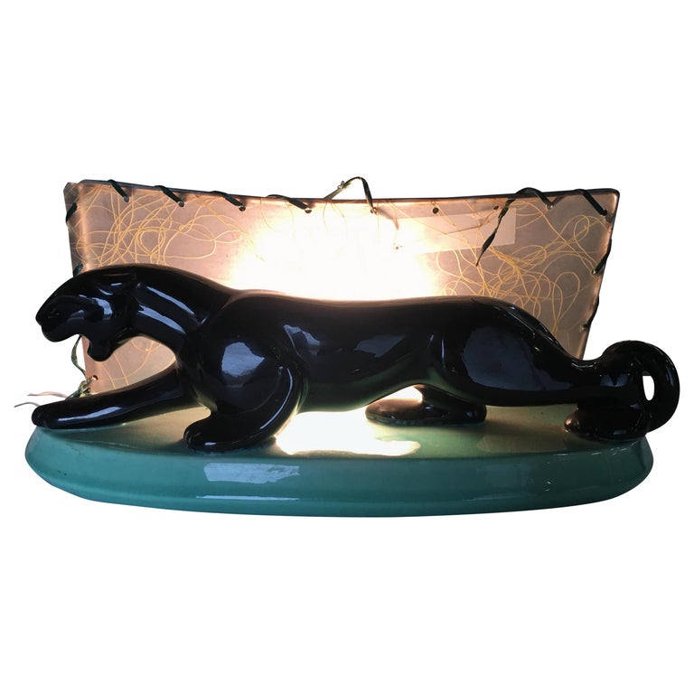 Midcentury Black Panther Ceramic Statue, Panther Lamp With Shade