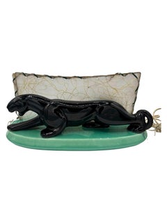 Midcentury Black Panther Ceramic Statue Lamp w/ Whipple Stitch Fiberglass Shade