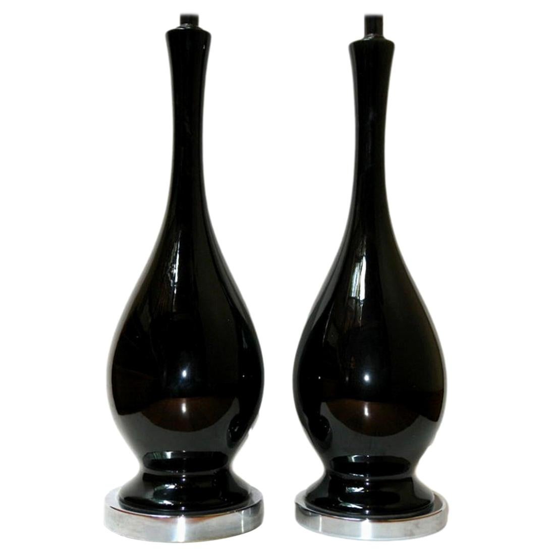 Midcentury Black Porcelain Table Lamps For Sale