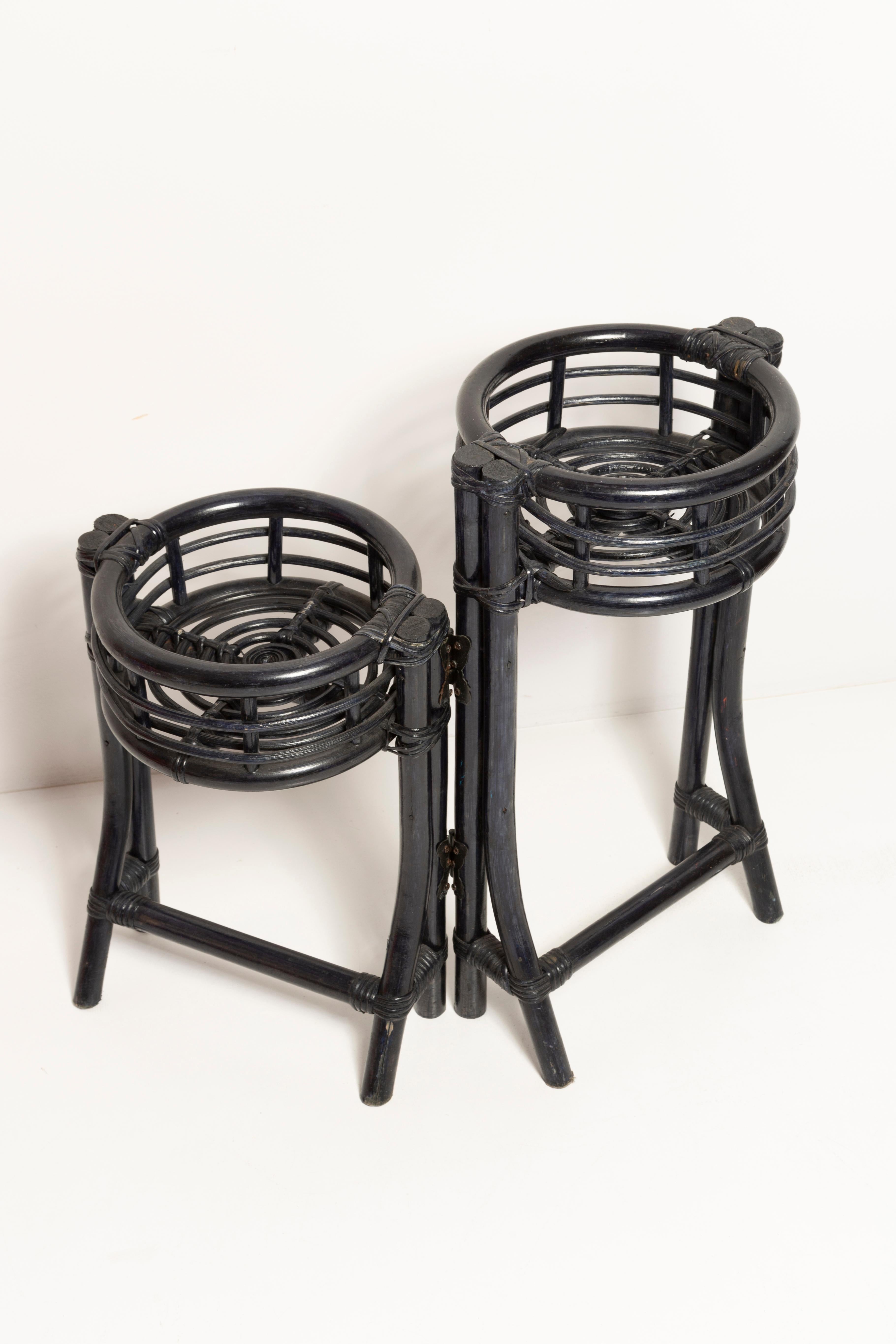 Hand-Painted Midcentury Black Rattan Double Flowerbed Pedestal, Side Table, Germany, 1970s