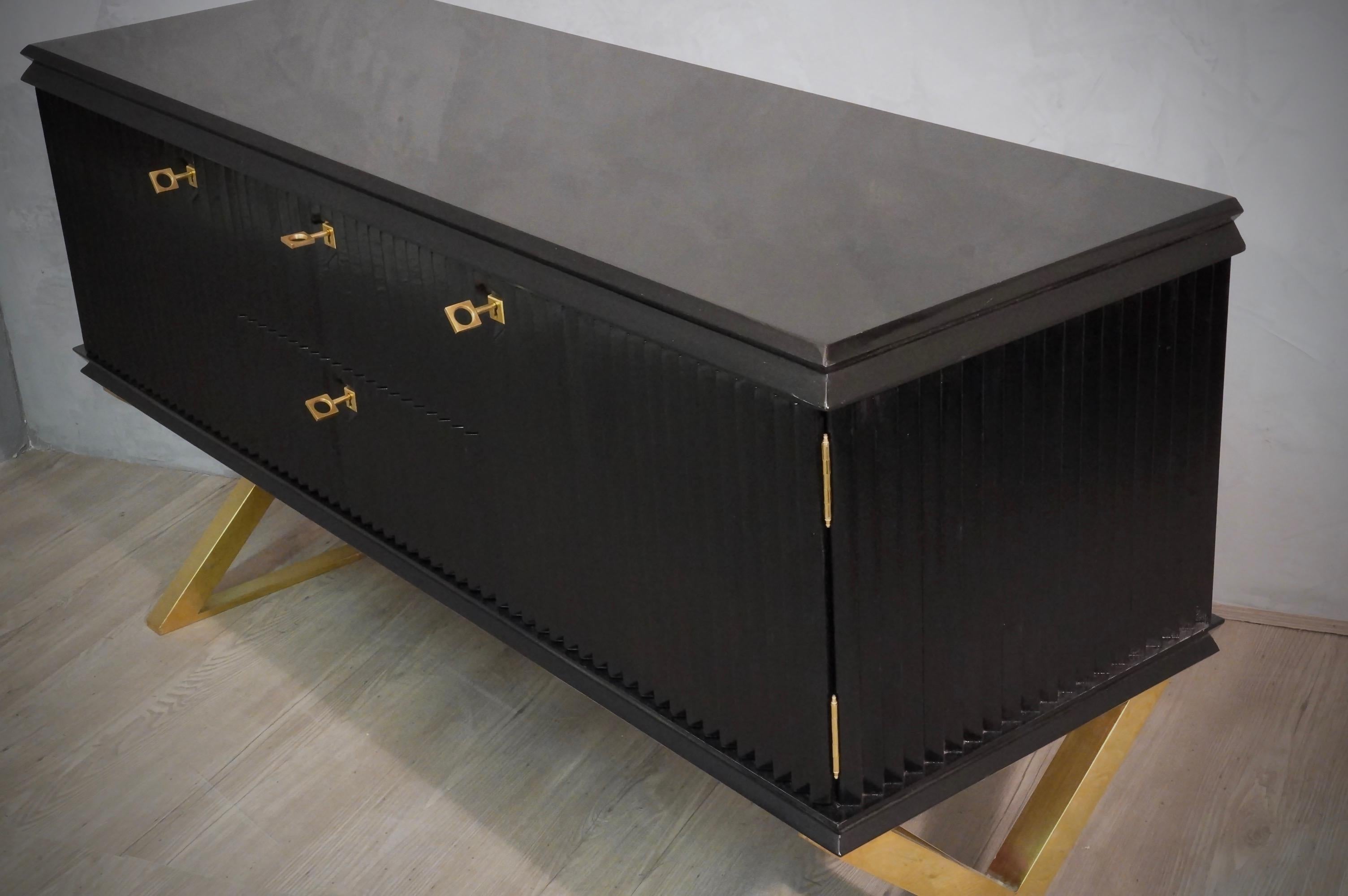 Mid-Century Modern Midcentury Black Shellac and Brass Italian Sideboard, 1950