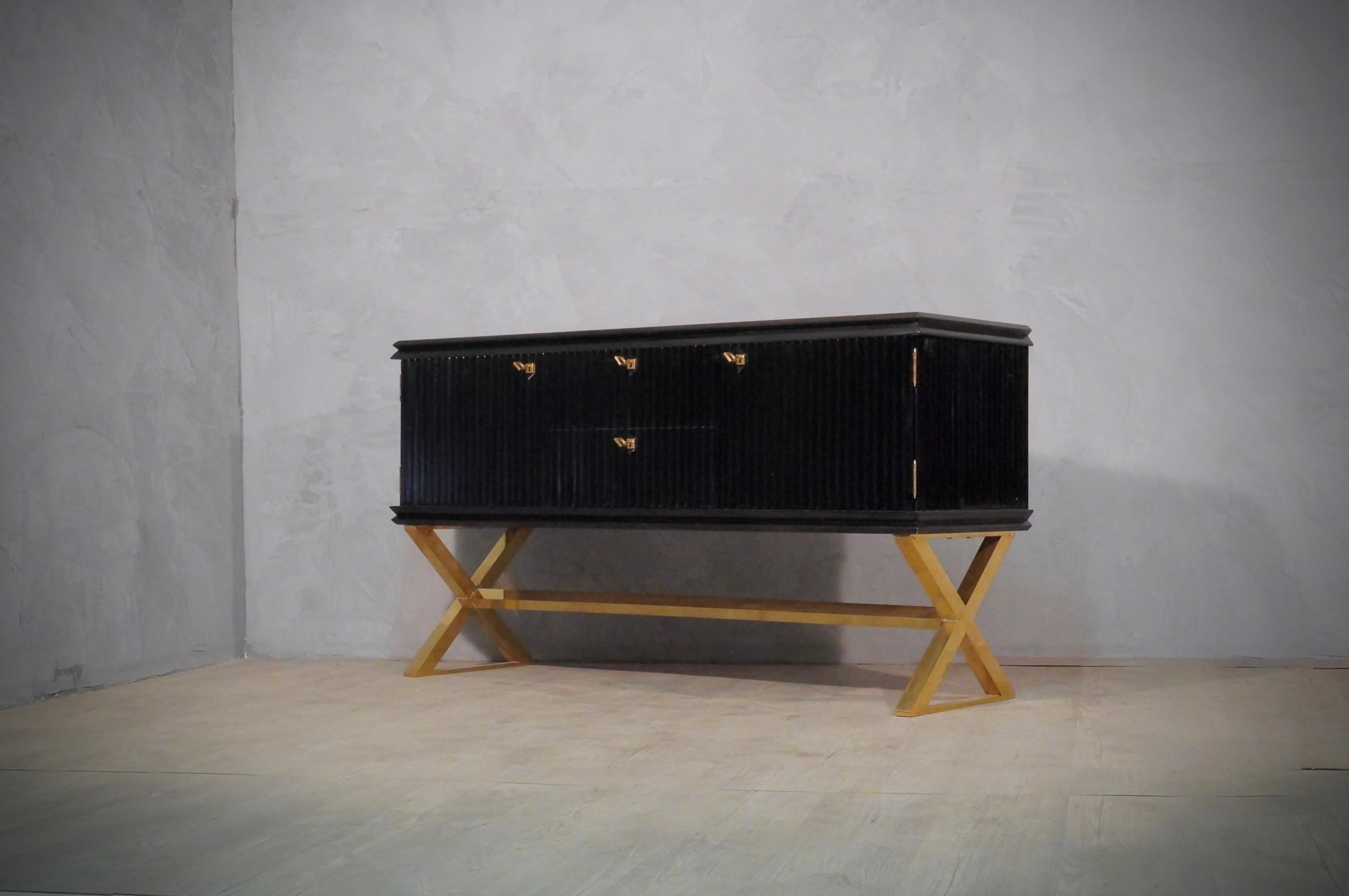 Midcentury Black Shellac and Brass Italian Sideboard, 1950 1