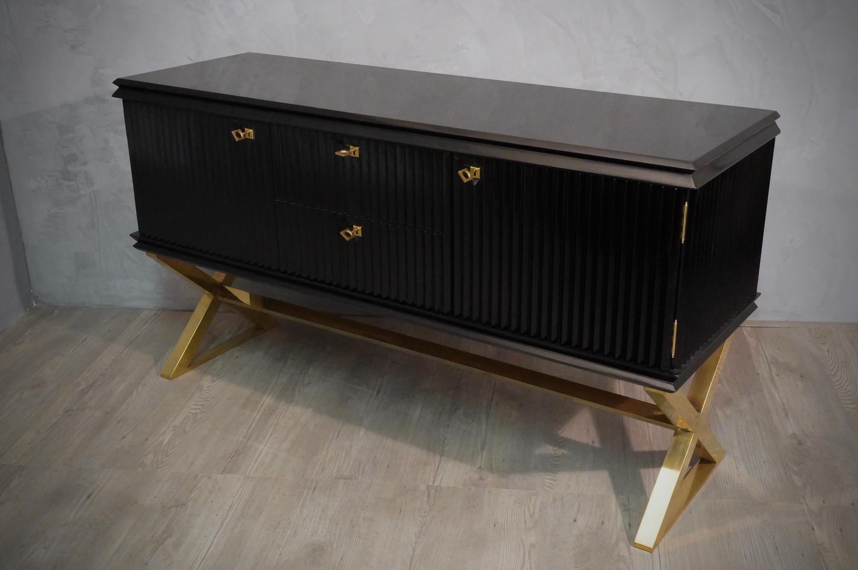 Midcentury Black Shellac and Brass Italian Sideboard, 1950 2