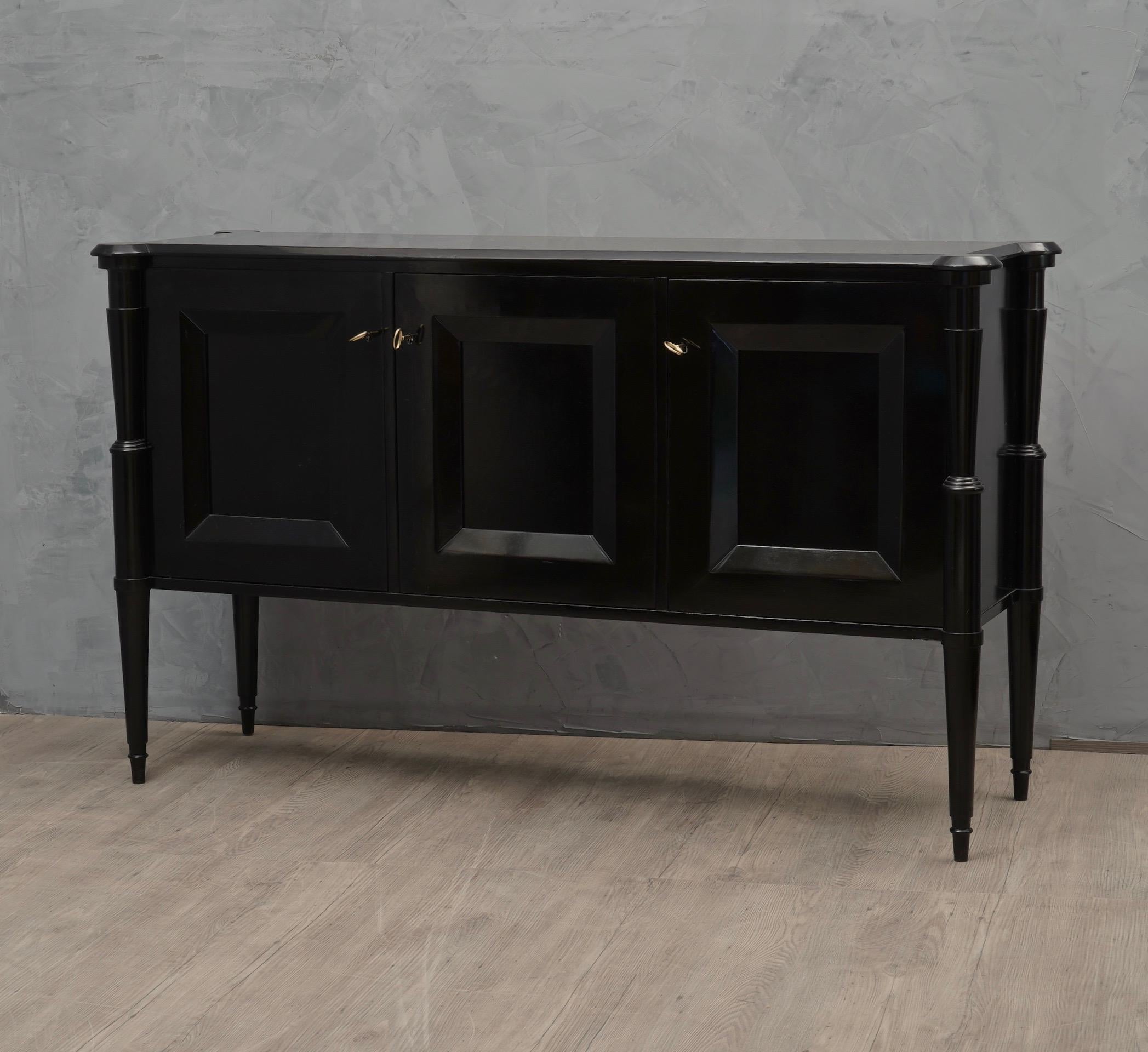 Midcentury Black Shellac and Brass Italian Sideboard, 1950 3