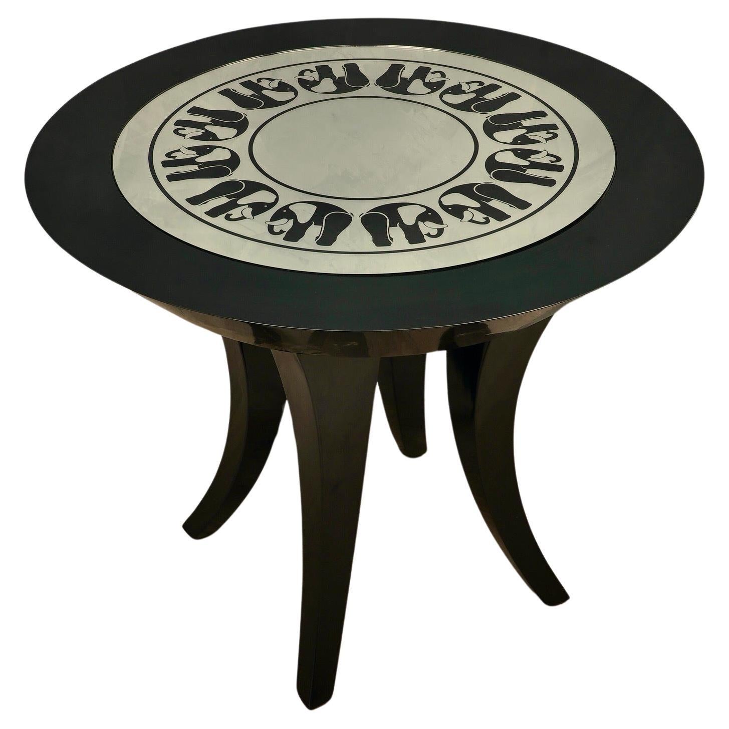 Midcentury Black Shellac and Engraved Mirror Italian Side Table, 1980 For Sale