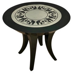 Vintage Midcentury Black Shellac and Engraved Mirror Italian Side Table, 1980