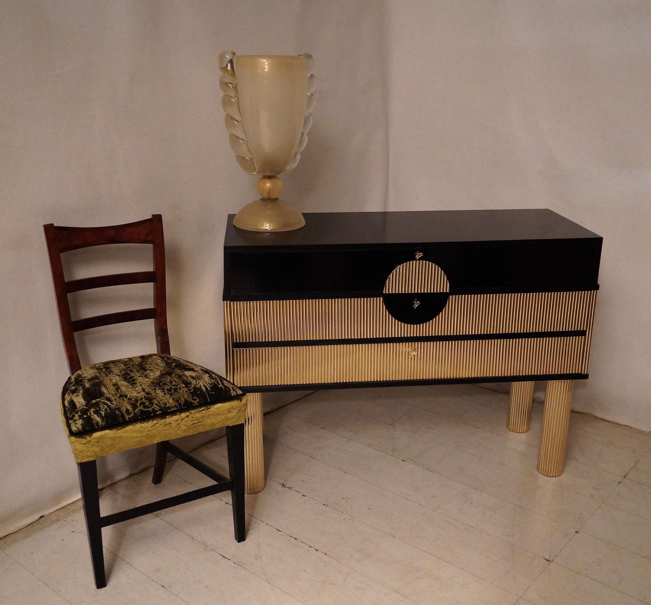 Midcentury Black Shellac and Semi Round Brass Rods Chests of Drawers, 1970 2
