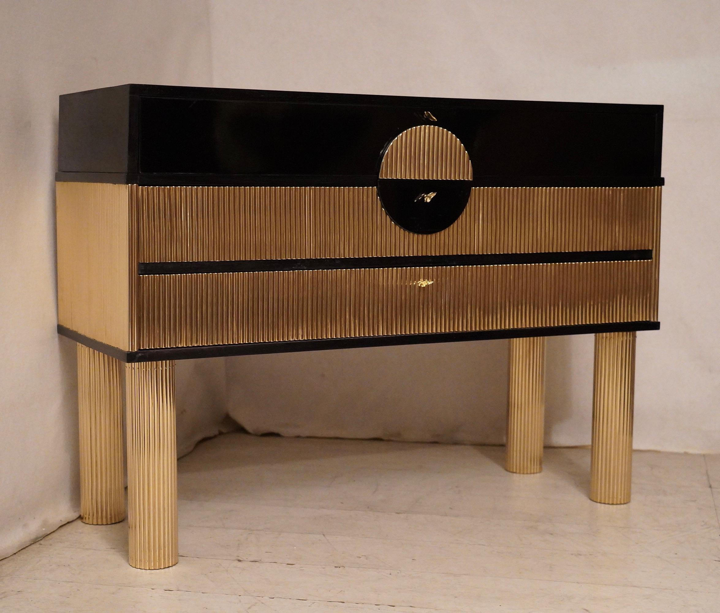 Italian Midcentury Black Shellac and Semi Round Brass Rods Chests of Drawers, 1970
