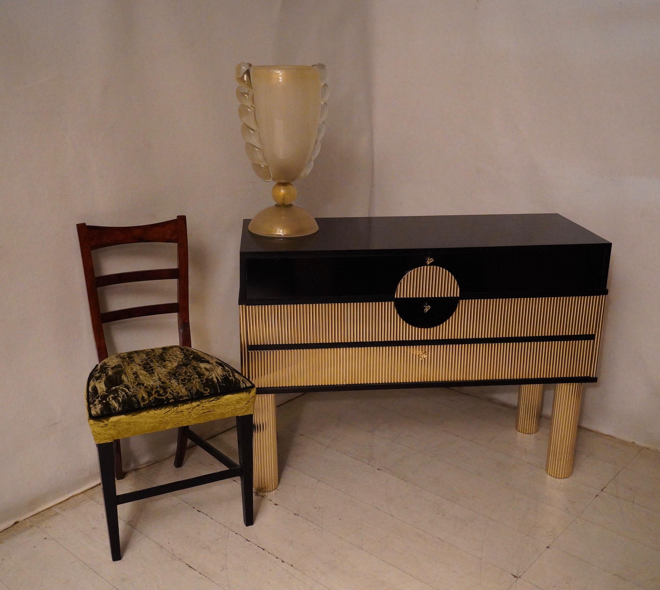 Midcentury Black Shellac and Semi Round Brass Rods Chests of Drawers, 1970 In Good Condition In Rome, IT