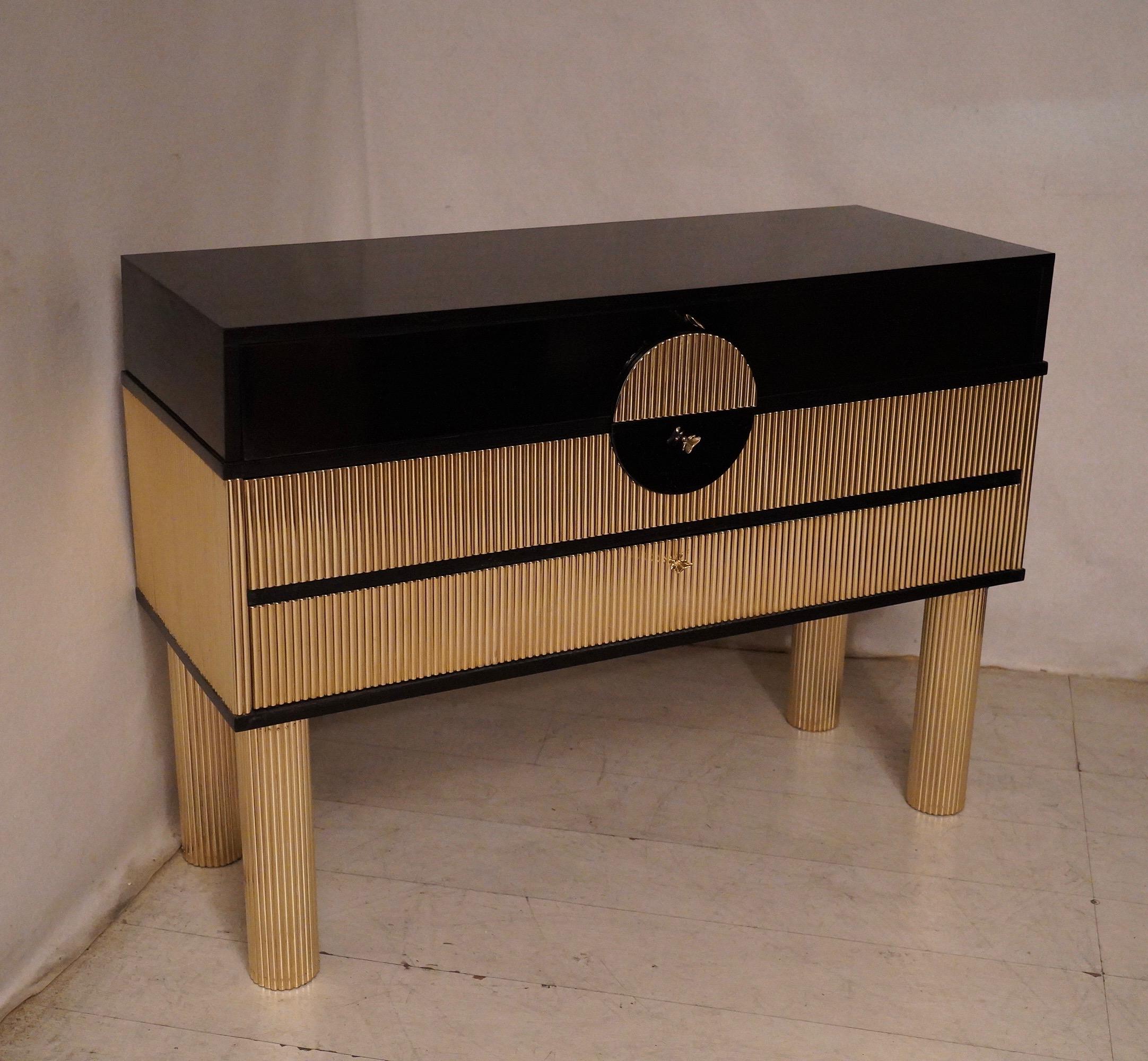 Late 20th Century Midcentury Black Shellac and Semi Round Brass Rods Chests of Drawers, 1970