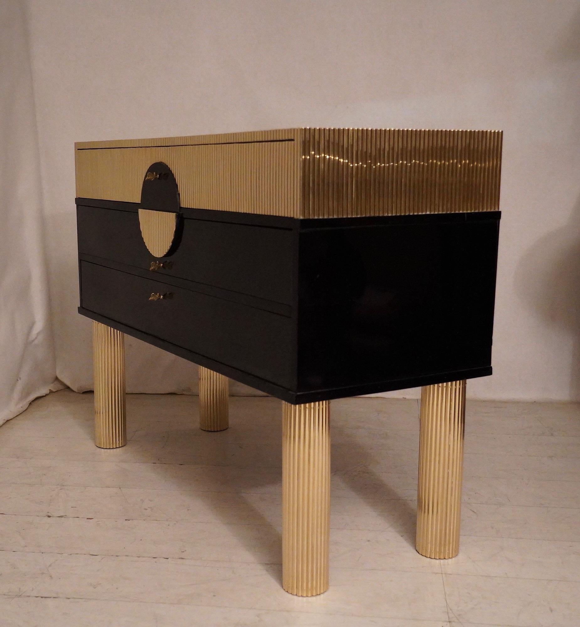 Midcentury Black Shellac and Semi Round Brass Rods Commodes, 1970 In Good Condition In Rome, IT