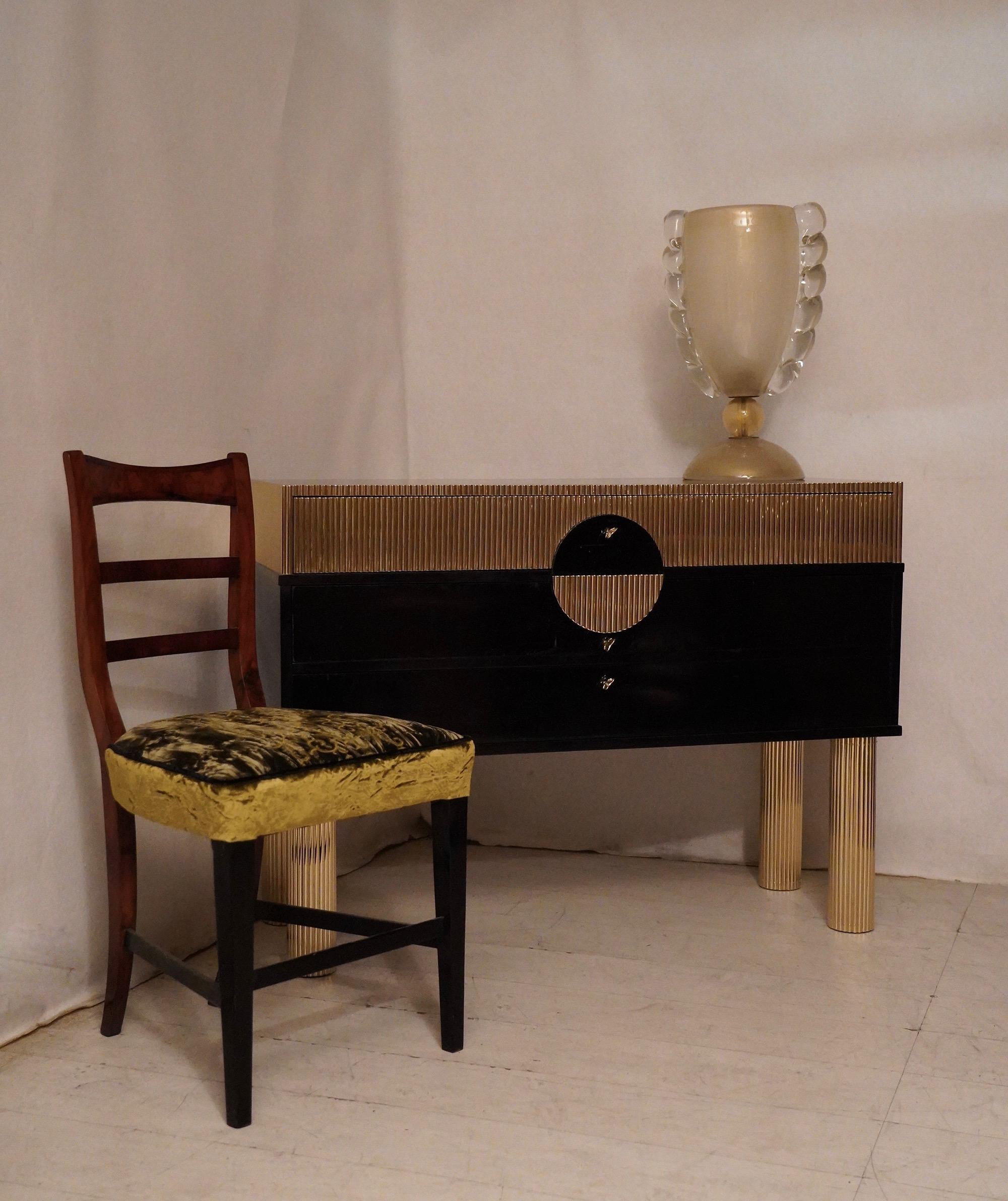 Midcentury Black Shellac and Semi Round Brass Rods Commodes, 1970 2