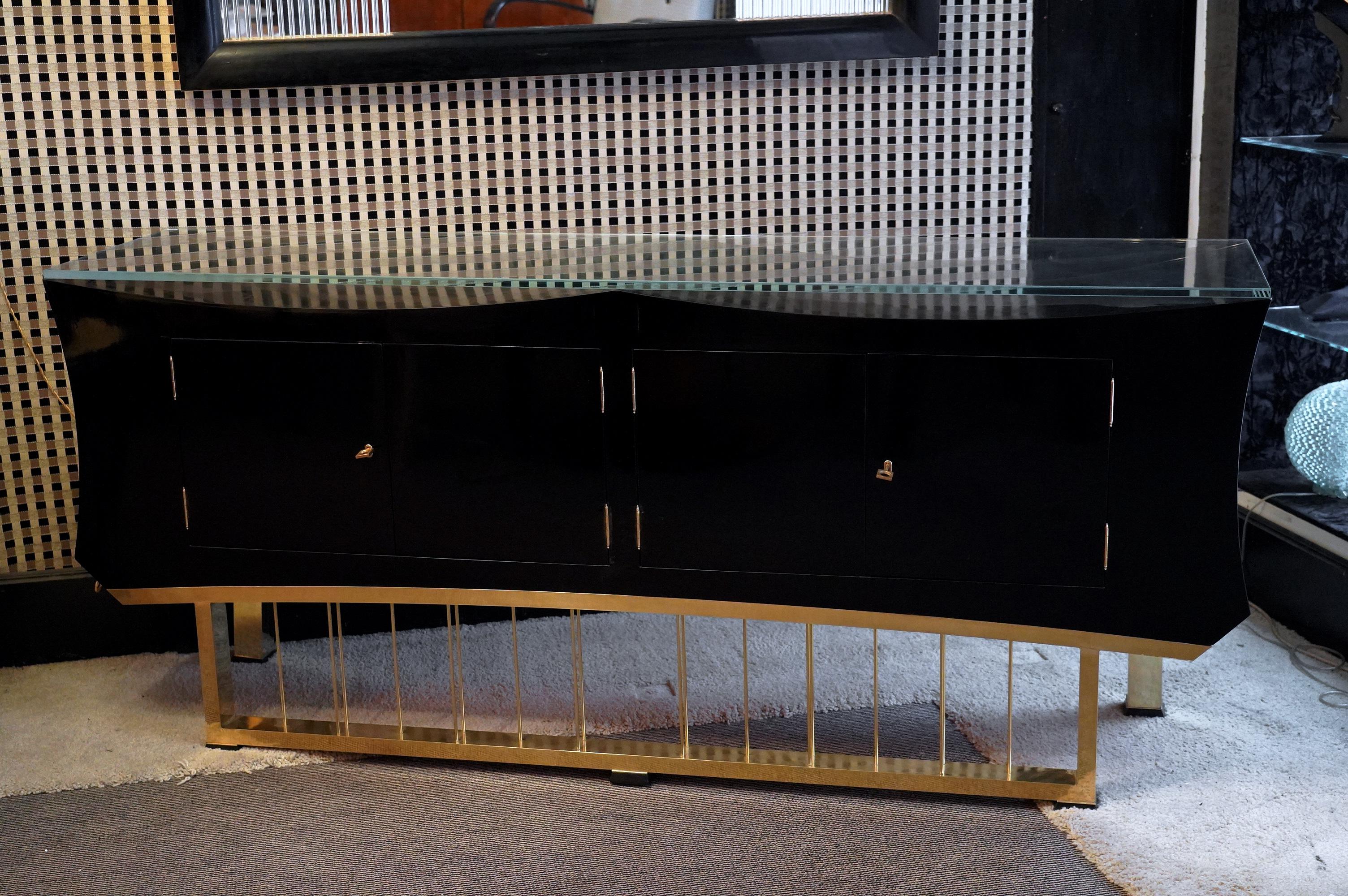 Midcentury Black Shellac Brass and Glass Italian Sideboards, 1940 7