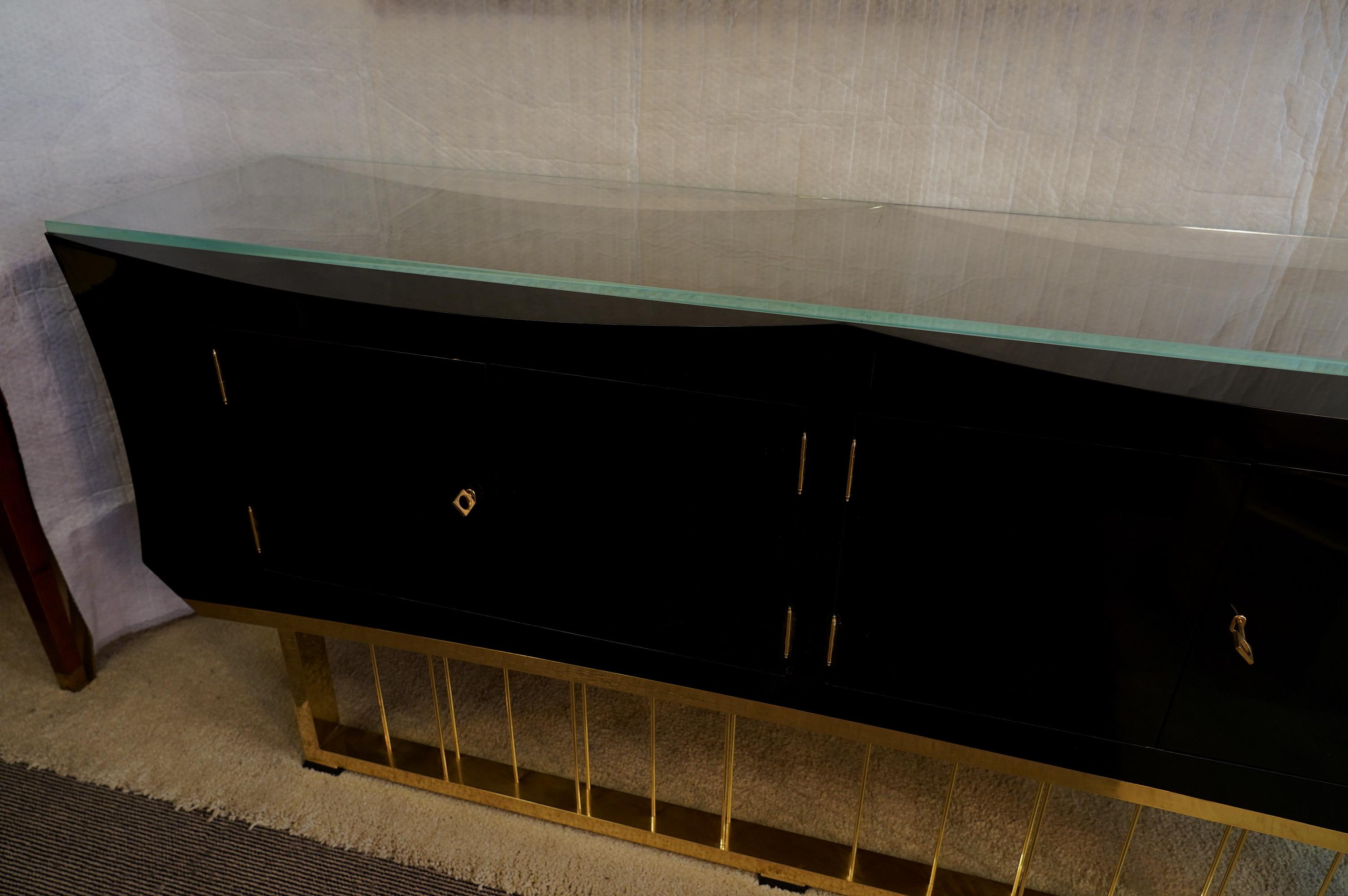 Midcentury Black Shellac Brass and Glass Italian Sideboards, 1940 9