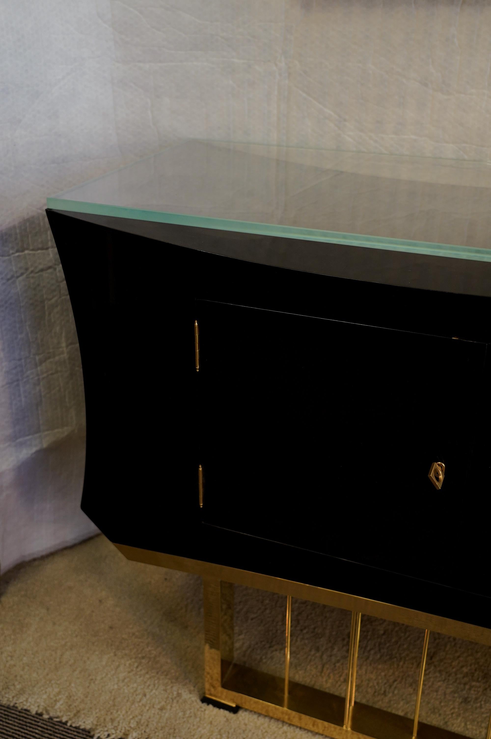 Midcentury Black Shellac Brass and Glass Italian Sideboards, 1940 12