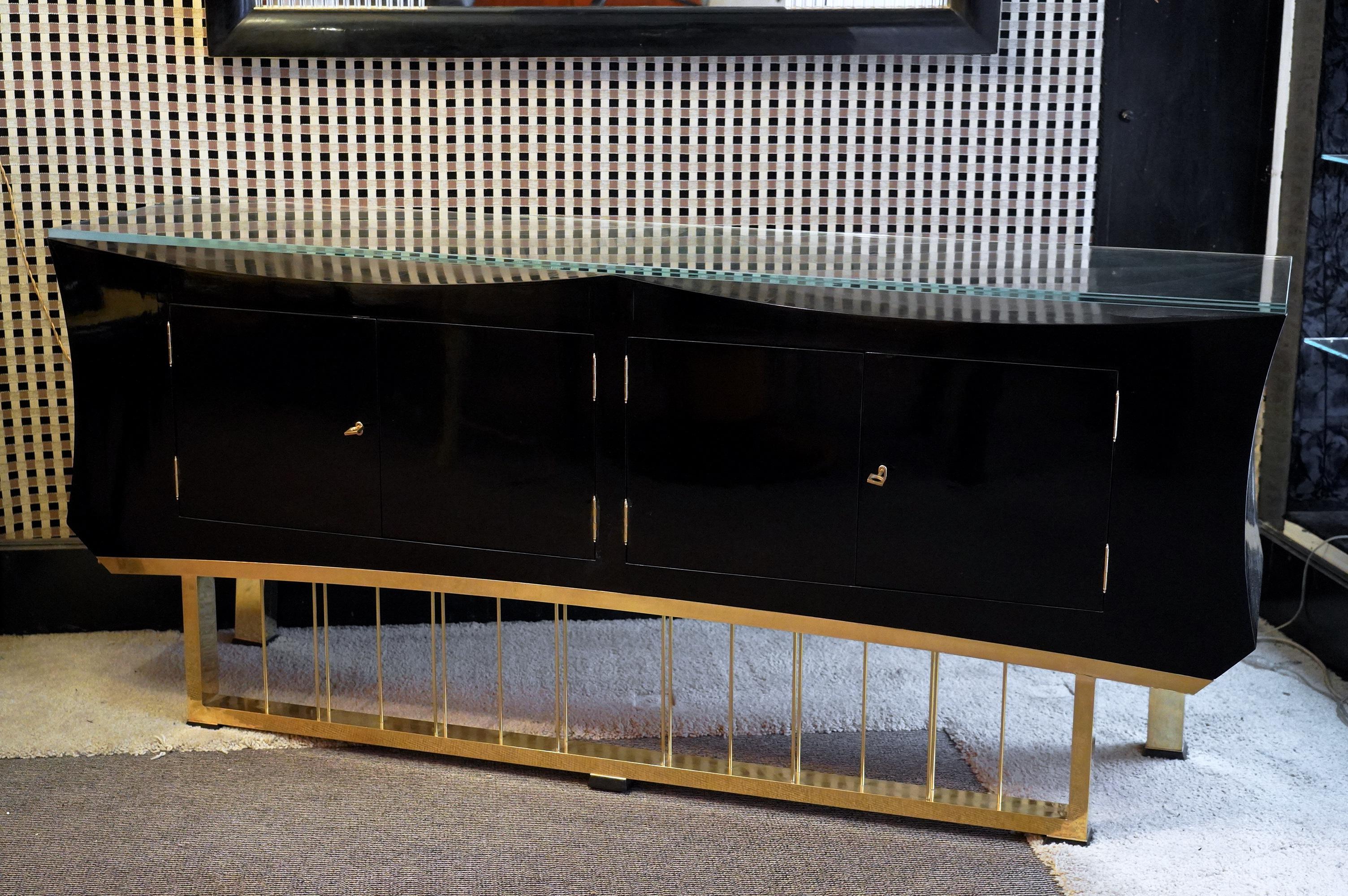Mid-Century Modern Midcentury Black Shellac Brass and Glass Italian Sideboards, 1940