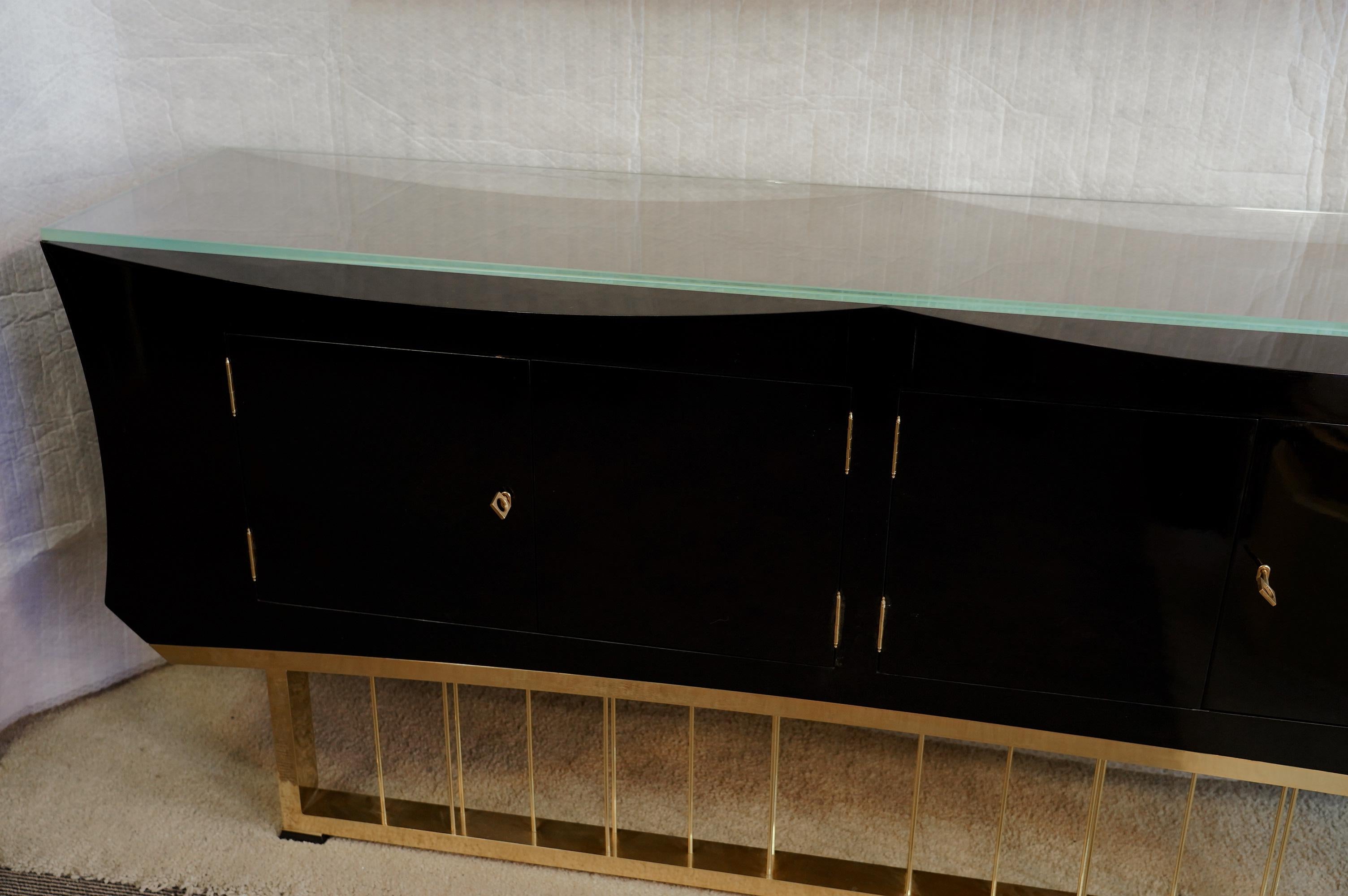 Midcentury Black Shellac Brass and Glass Italian Sideboards, 1940 In Excellent Condition In Rome, IT