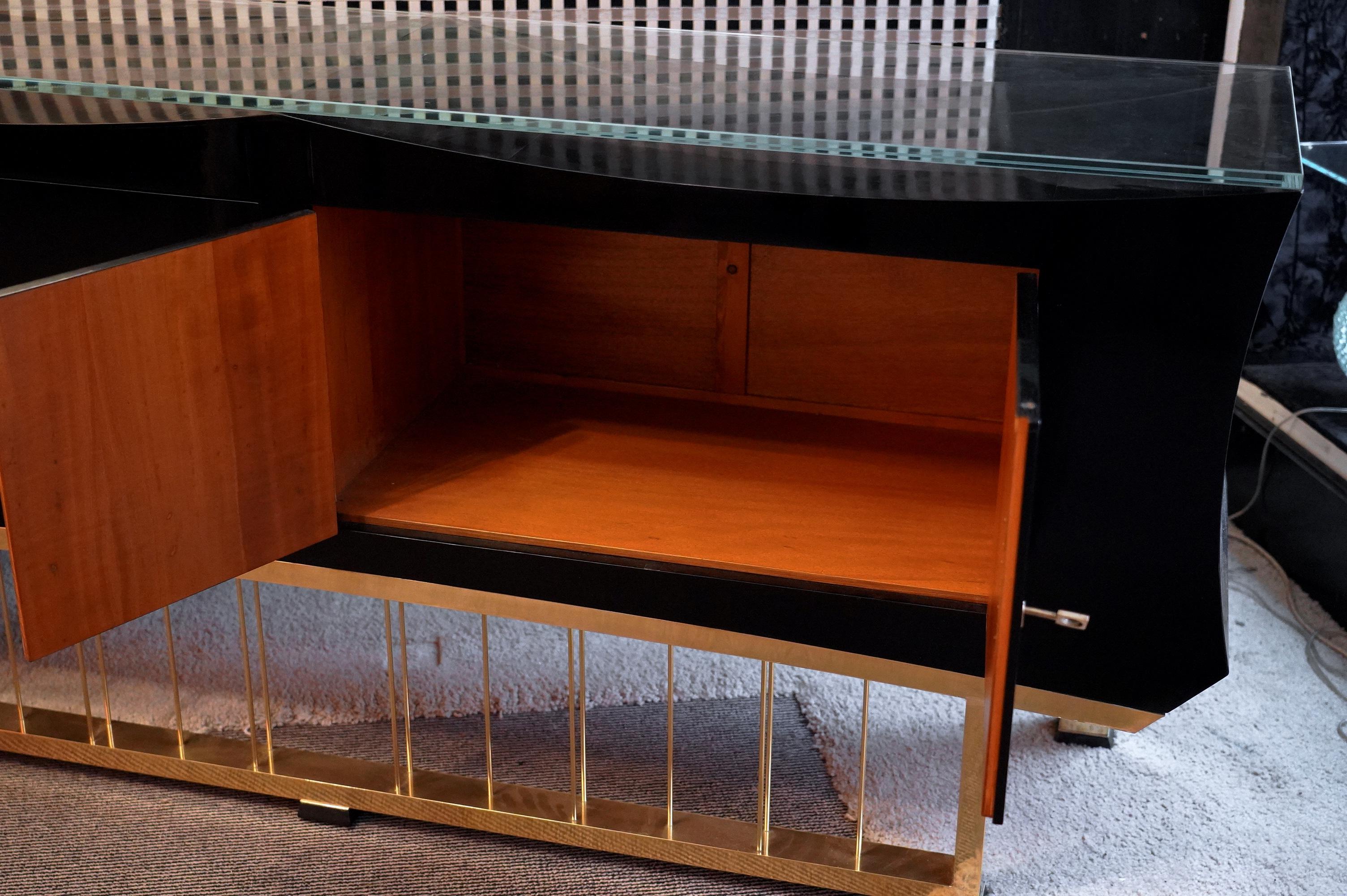 Midcentury Black Shellac Brass and Glass Italian Sideboards, 1940 3