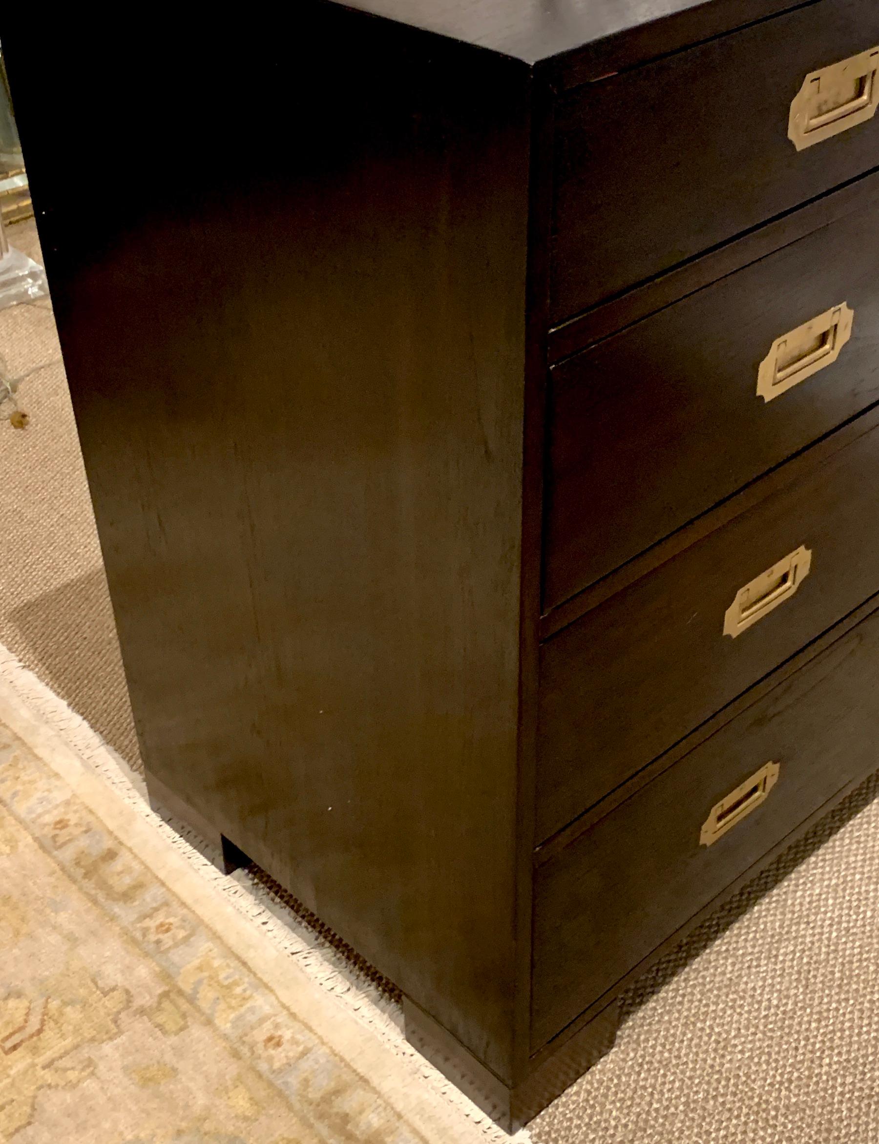 Midcentury Black-Stained Hardwood and Brass Campaign Style Chest In Good Condition For Sale In Atlanta, GA