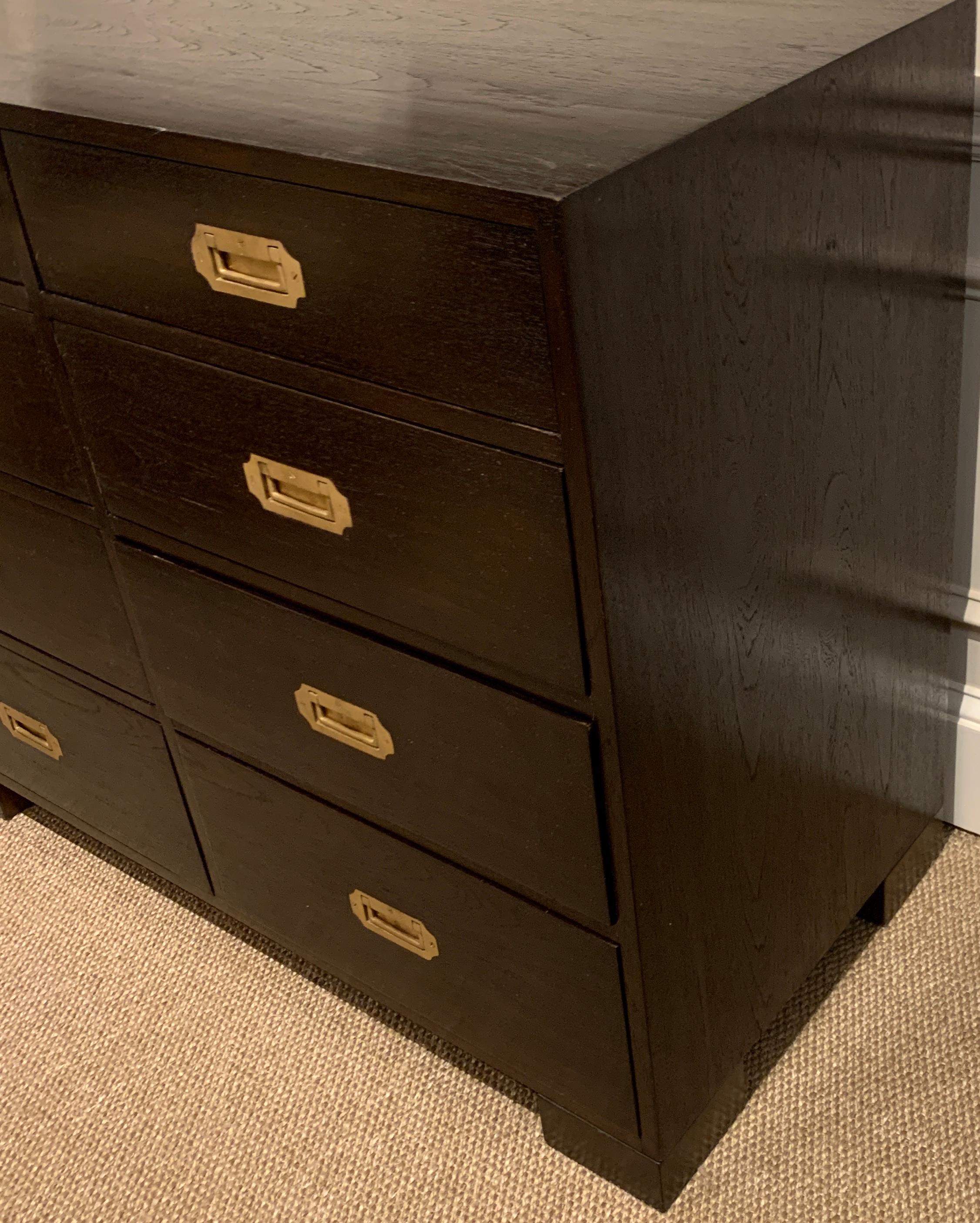 20th Century Midcentury Black-Stained Hardwood and Brass Campaign Style Chest For Sale