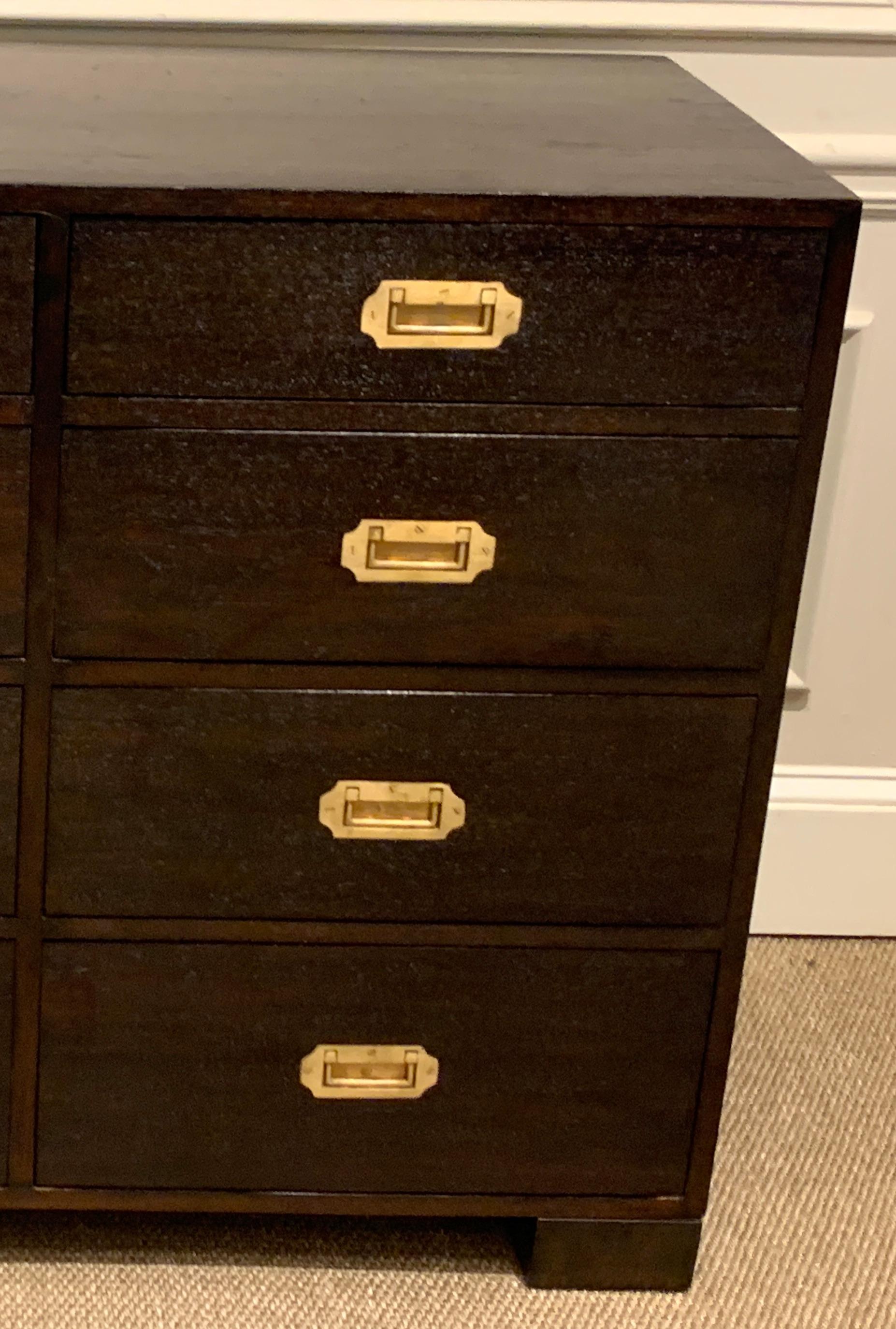 Midcentury Black-Stained Hardwood and Brass Campaign Style Chest For Sale 1