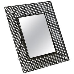 Midcentury Black Table and Wall Perforated Metal Mirror in the Style of Matégot
