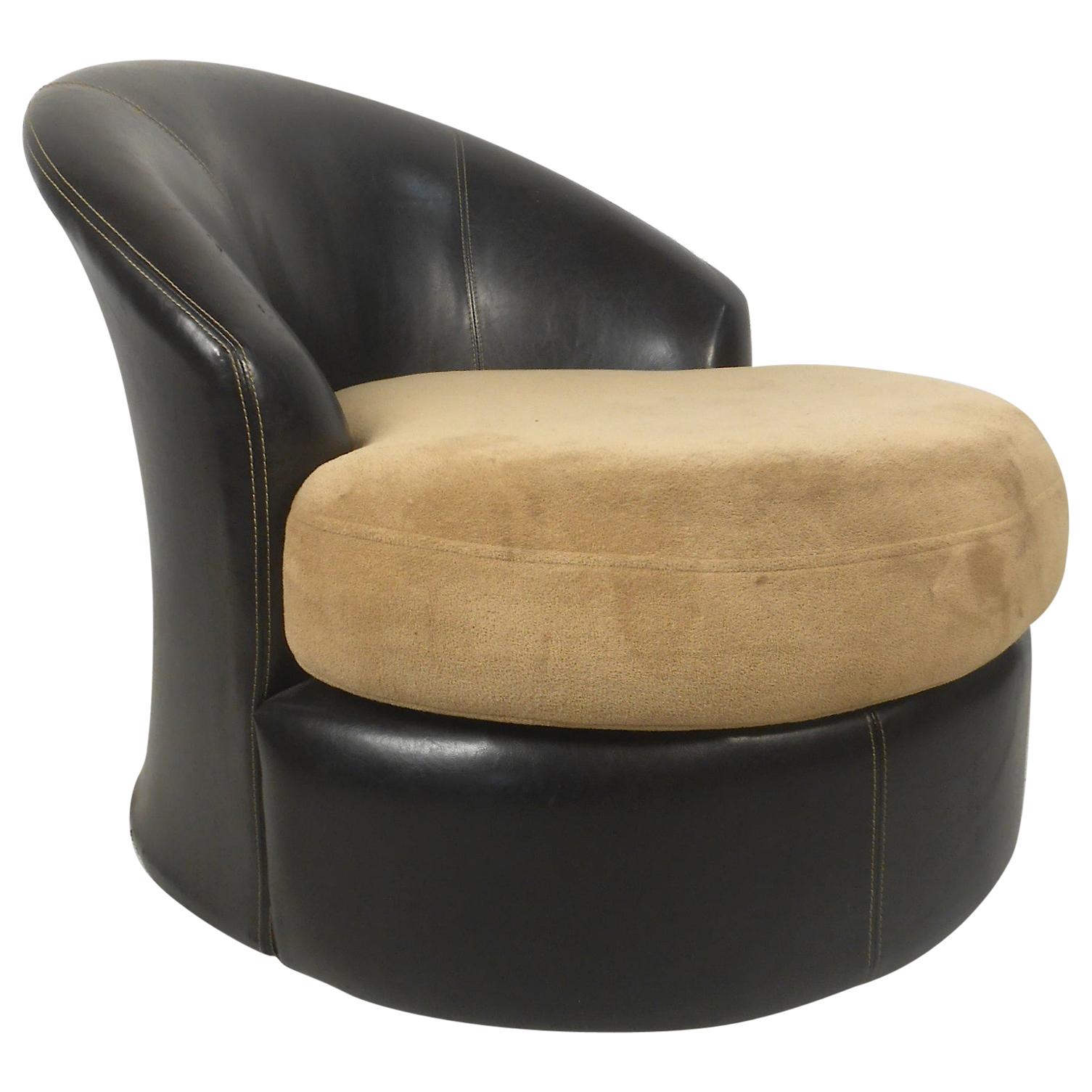 Midcentury Black Vinyl and Micro Fiber Swivel Chair