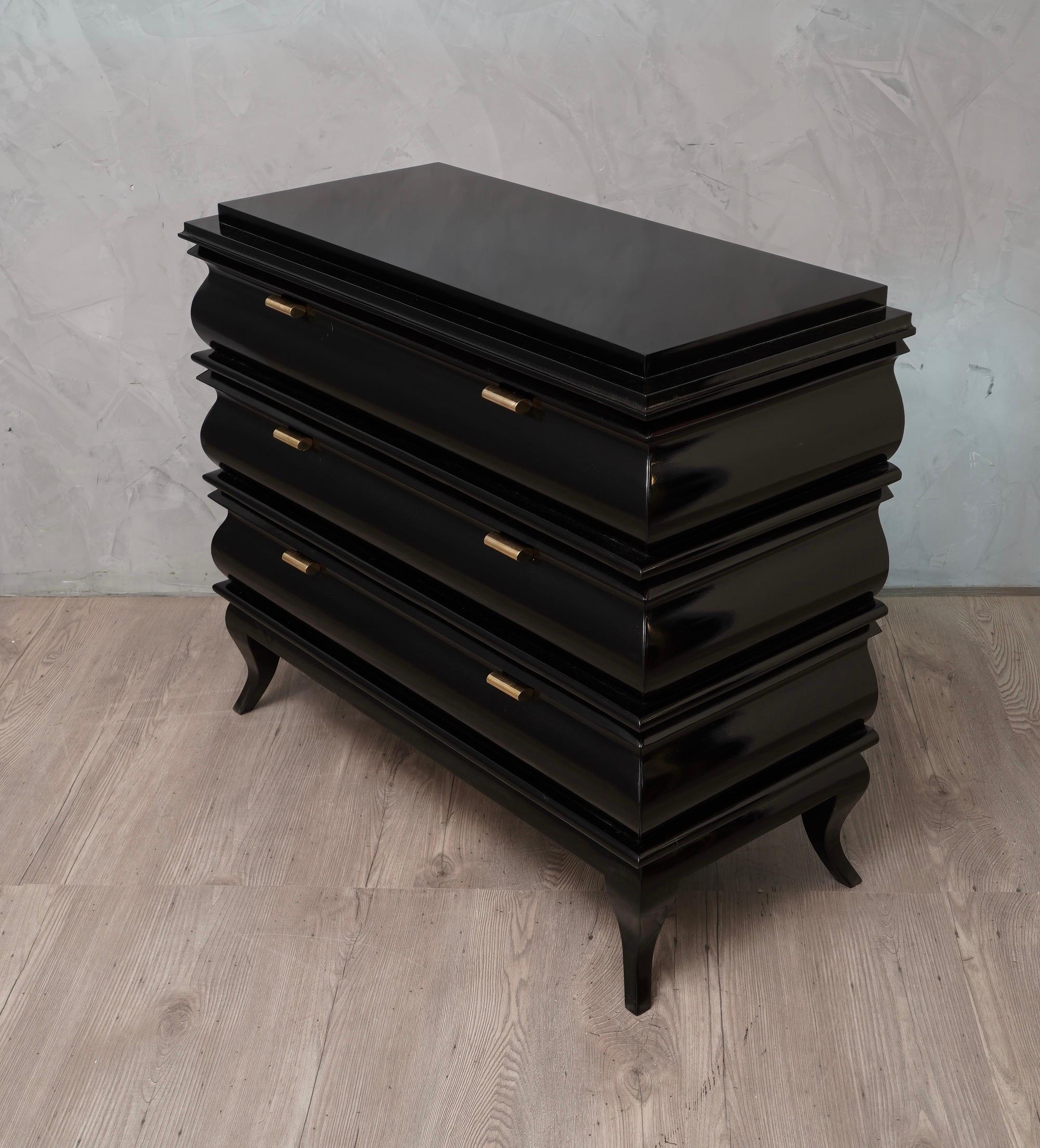 Mid-Century Modern Midcentury Black Wood and Brass Chest of Drawers, 1950