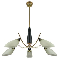 Midcentury Black Wood, Brass and Opaline Chandelier by Lunel, 1950s