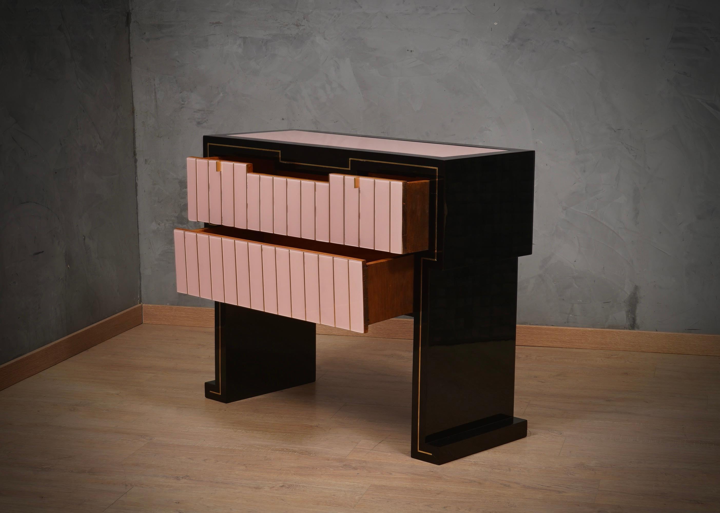 Mid-Century Modern MidCentury Black Wood Pink Glass and Brass Commode and Chest of Drawers, 1980 For Sale