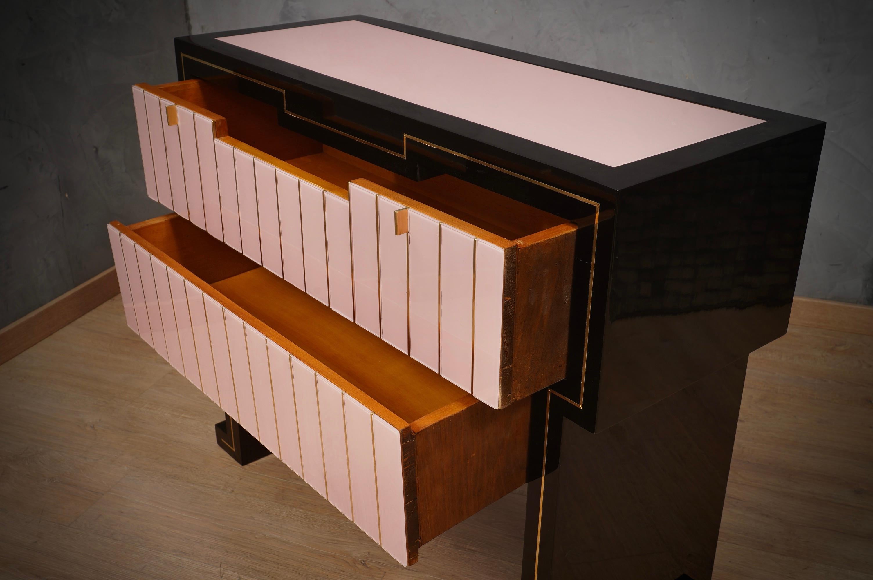 MidCentury Black Wood Pink Glass and Brass Commode and Chest of Drawers, 1980 For Sale 1