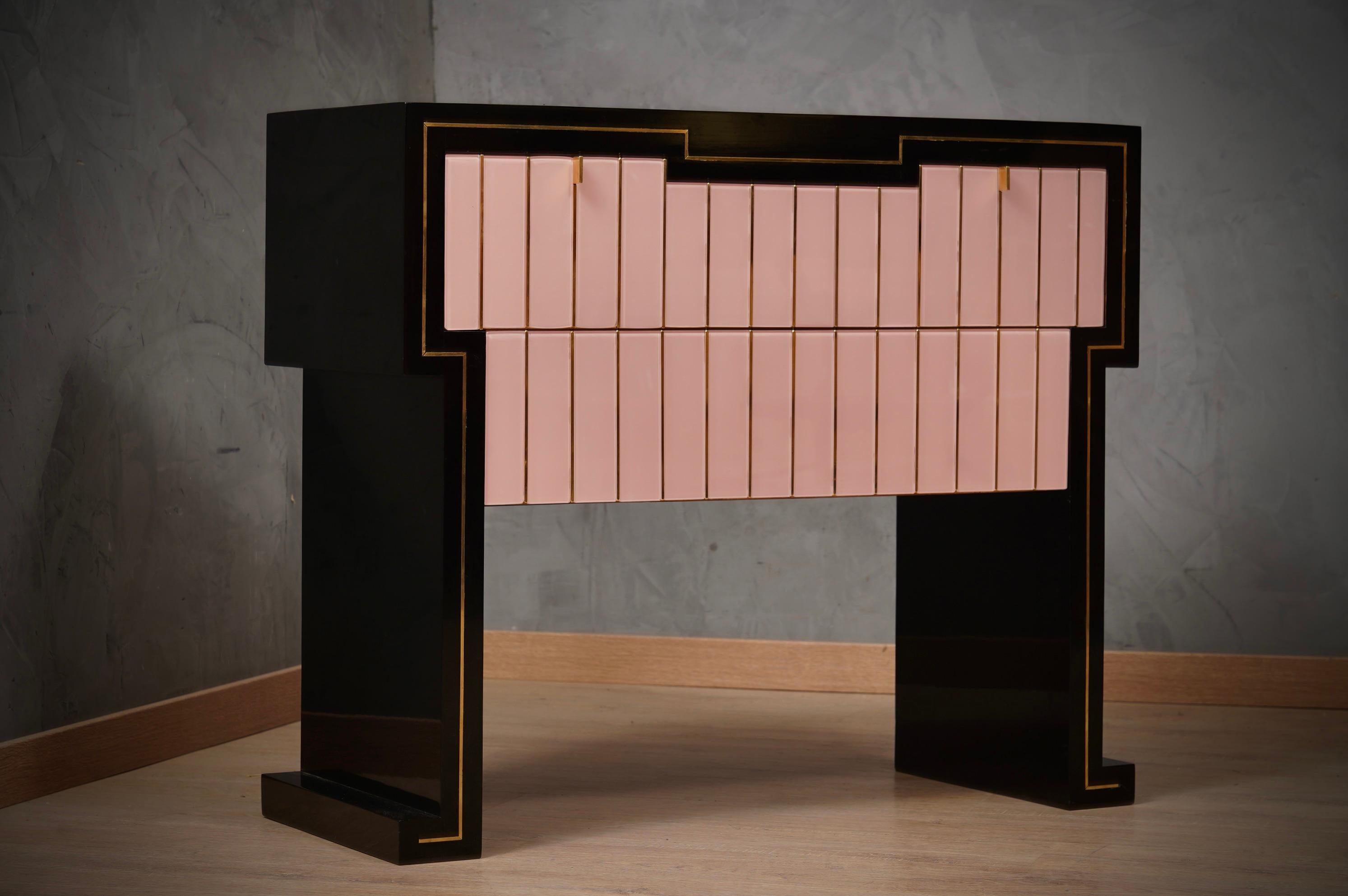 MidCentury Black Wood Pink Glass and Brass Commode and Chest of Drawers, 1980 For Sale 2
