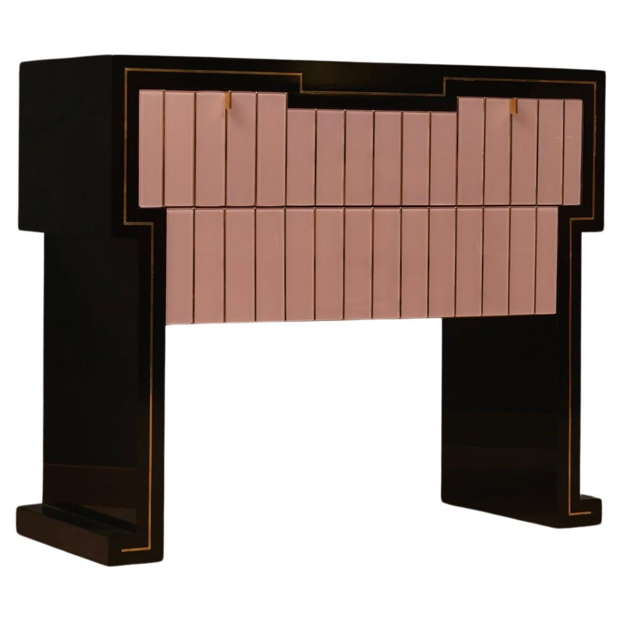 MidCentury Black Wood Pink Glass and Brass Commode and Chest of Drawers, 1980