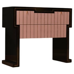 Retro MidCentury Black Wood Pink Glass and Brass Commode and Chest of Drawers, 1980