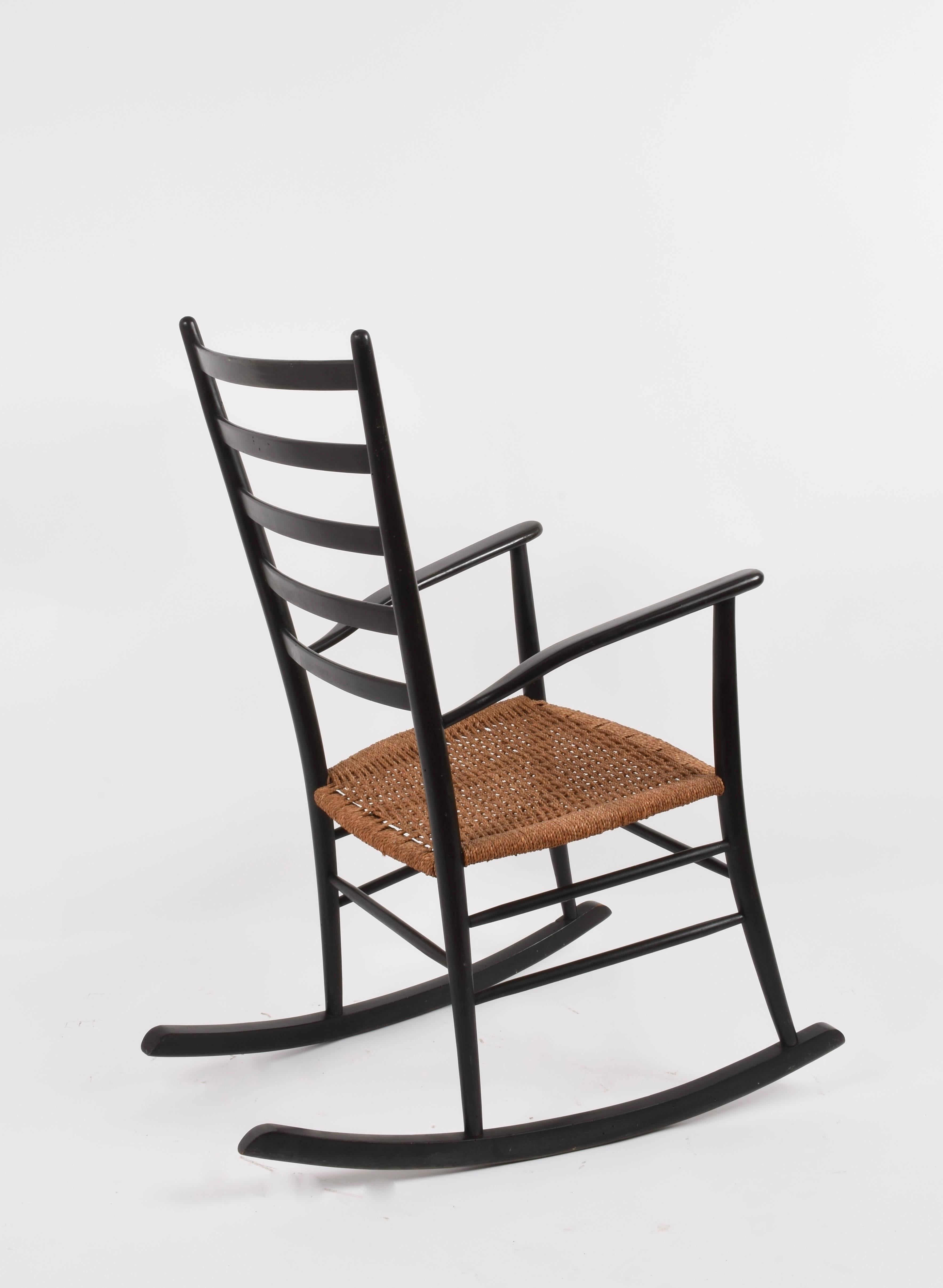 Mid-20th Century Midcentury Black Wood Vintage Scandinavian Rocking Chair with Rope Seat, 1950s For Sale