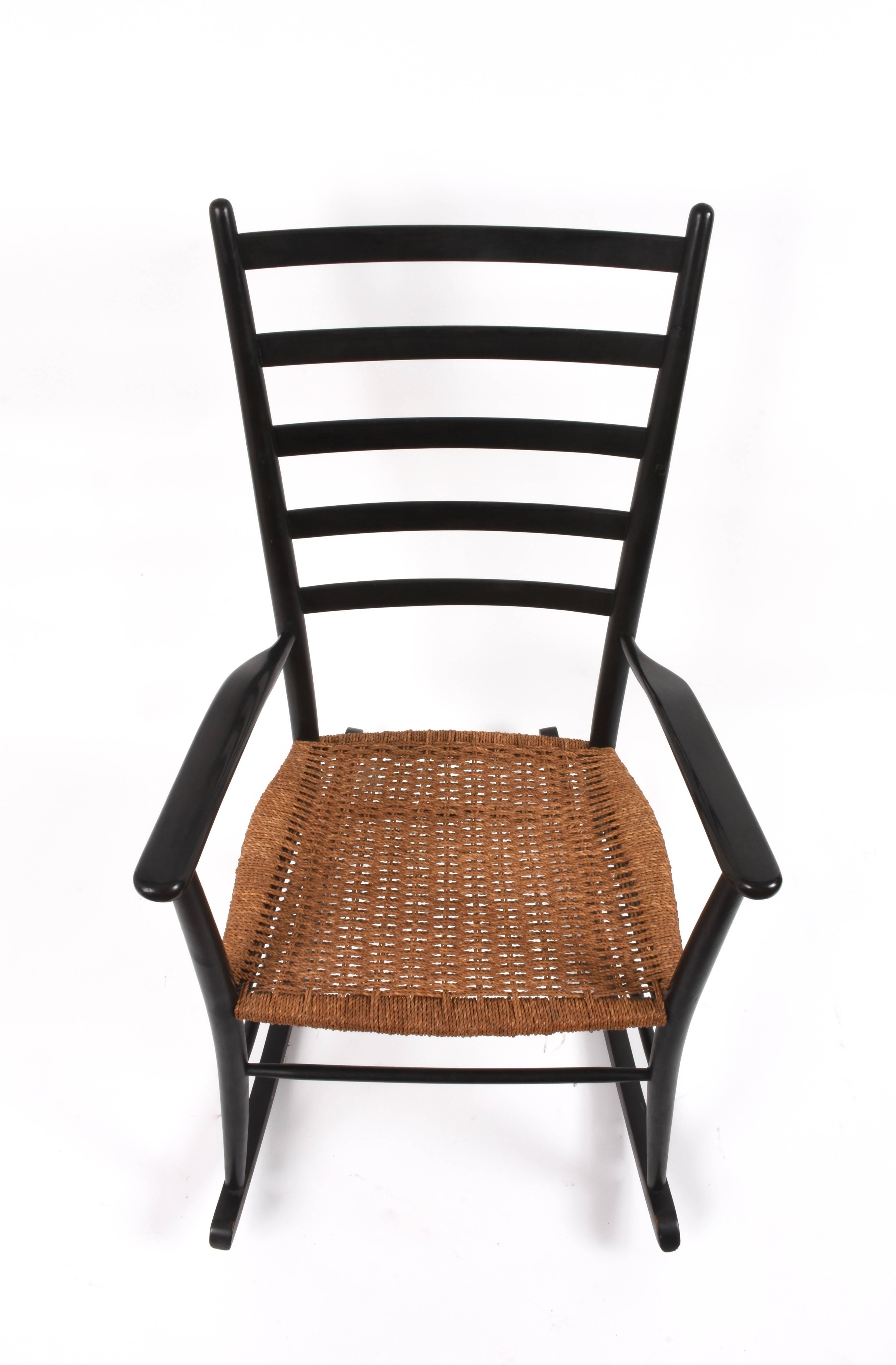 Beech Midcentury Black Wood Vintage Scandinavian Rocking Chair with Rope Seat, 1950s For Sale