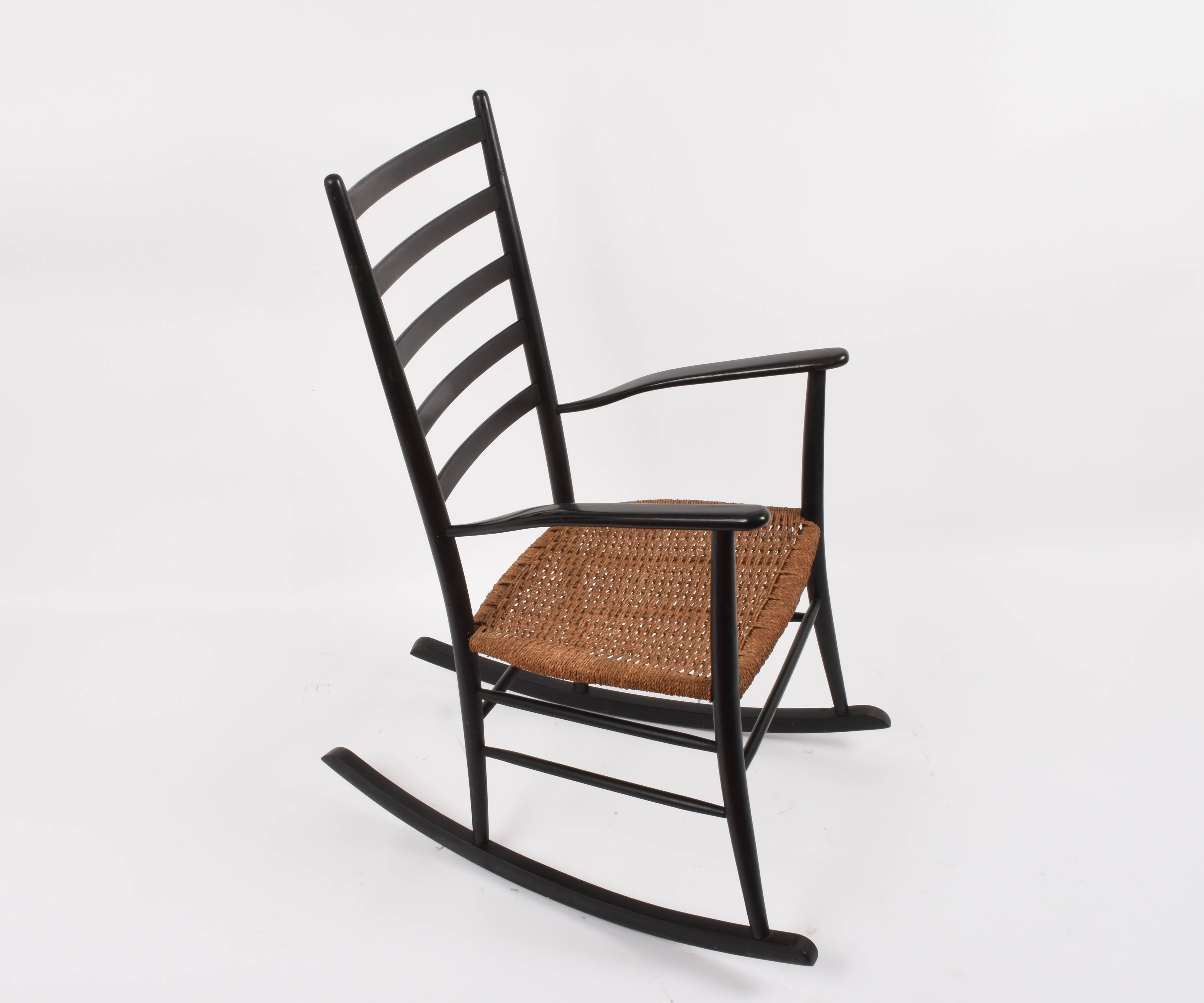 Mid-Century Modern Midcentury Black Wood Vintage Scandinavian Rocking Chair with Rope Seat, 1950s For Sale