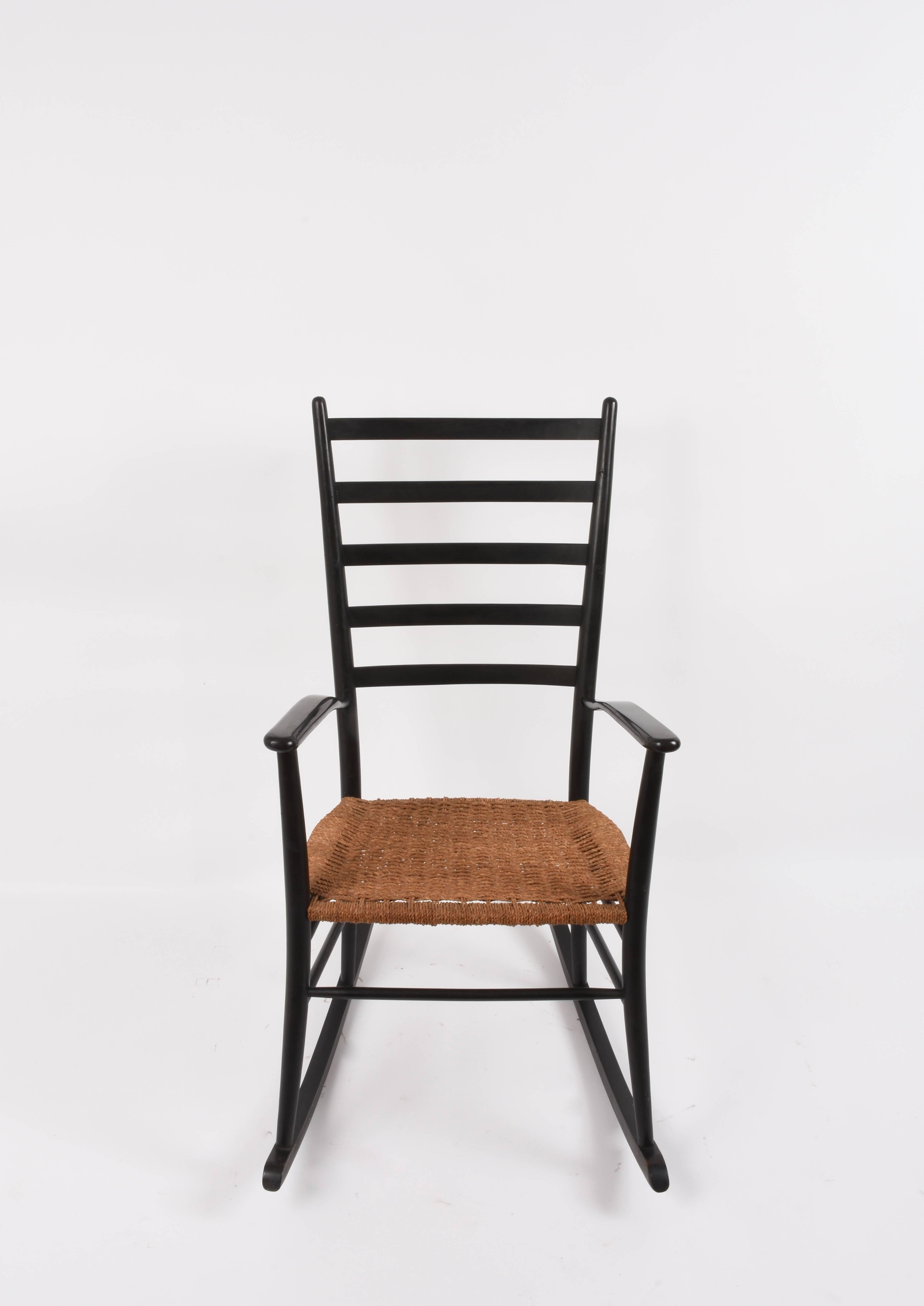 Danish Midcentury Black Wood Vintage Scandinavian Rocking Chair with Rope Seat, 1950s