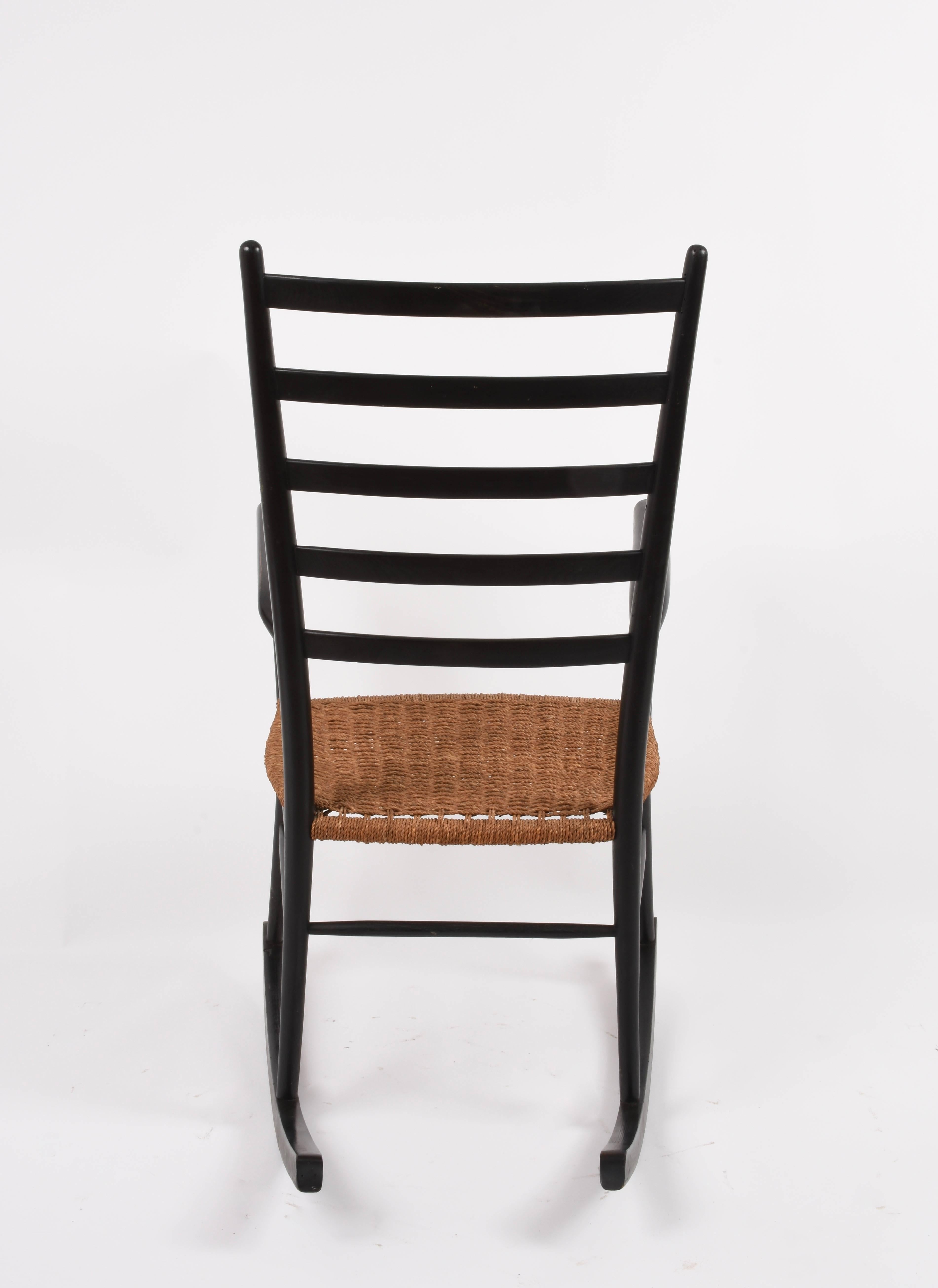 Lacquered Midcentury Black Wood Vintage Scandinavian Rocking Chair with Rope Seat, 1950s