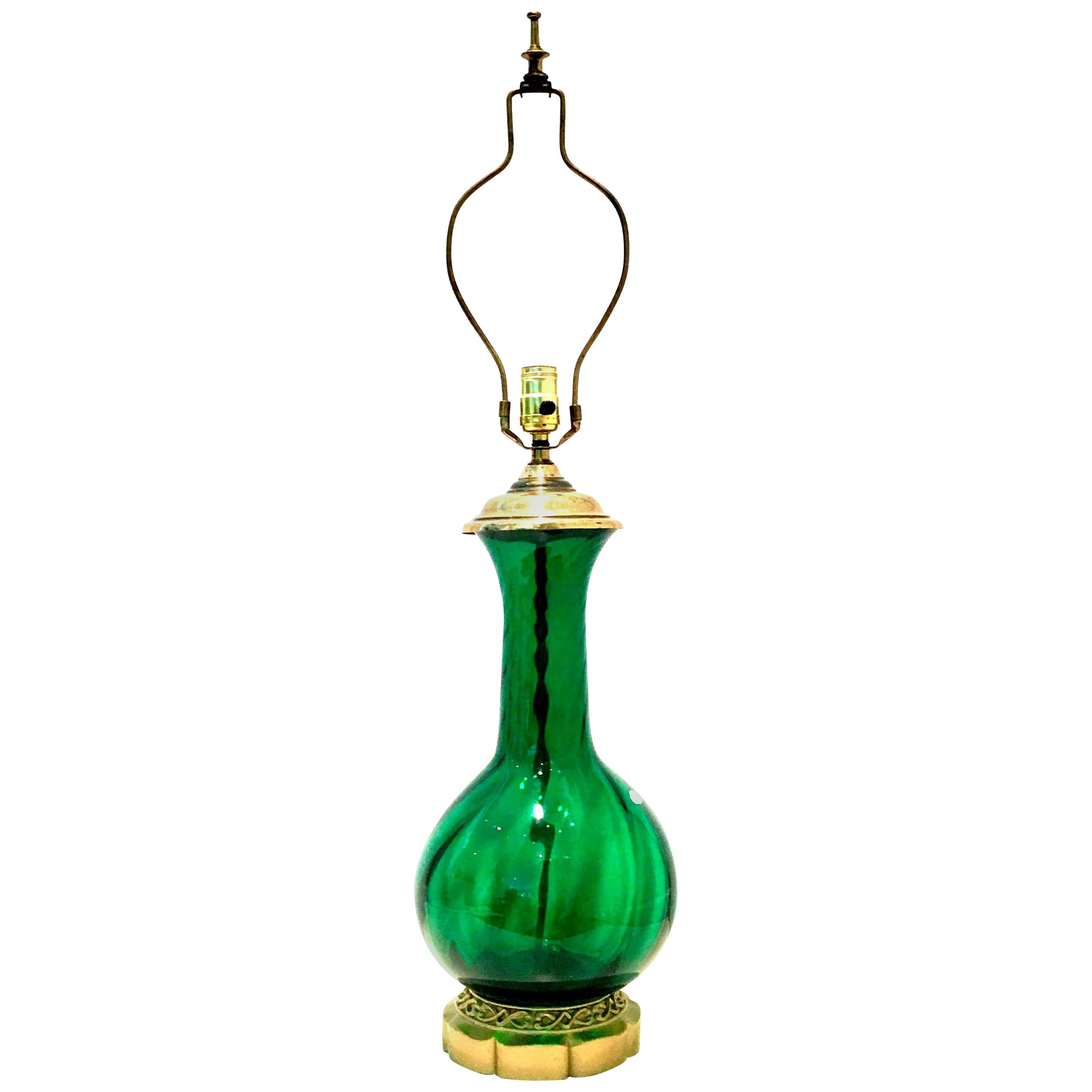 Midcentury Blenko Glass Optic Emerald Green and Brass Lamp For Sale